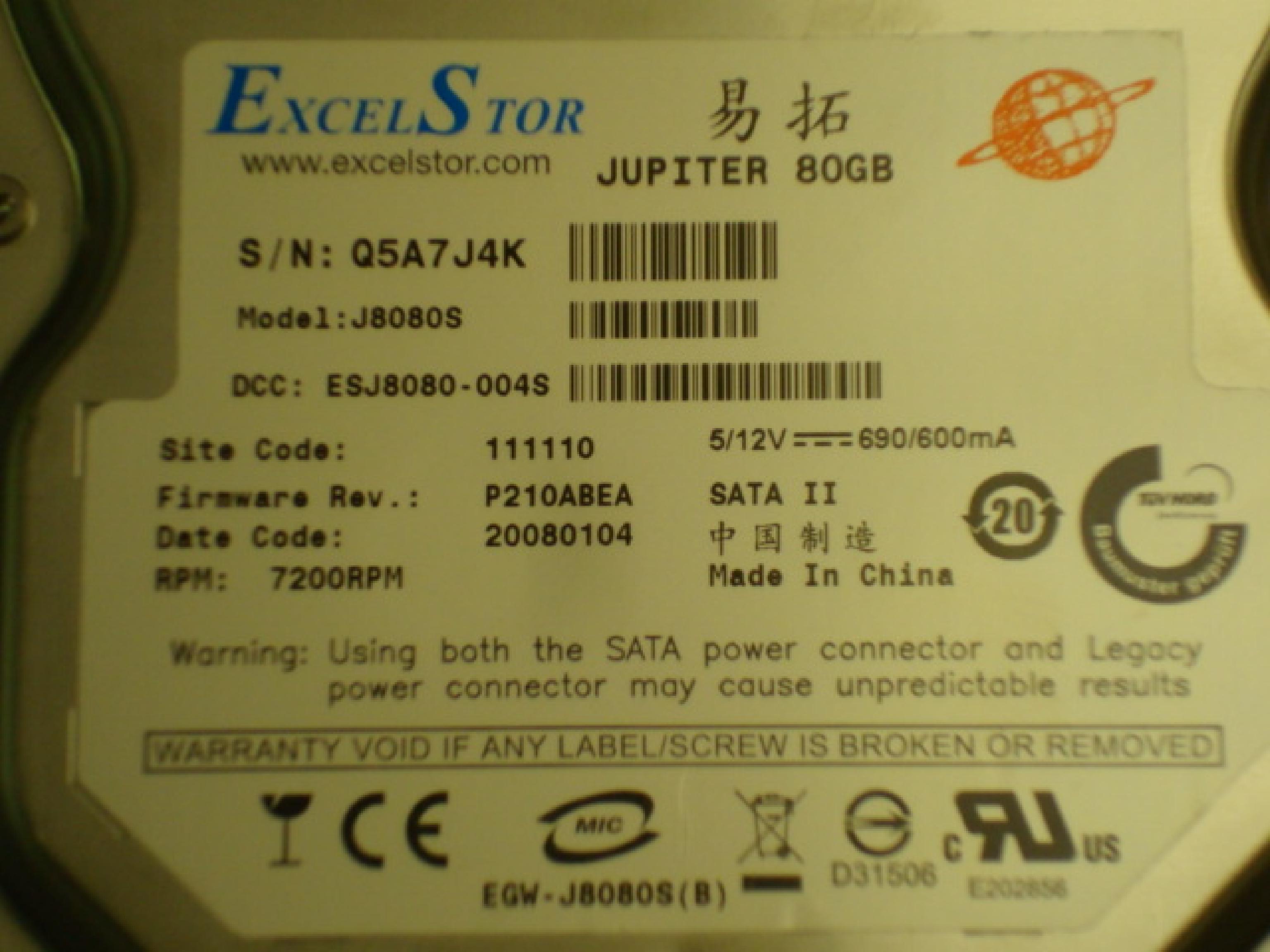 EXCELSTOR J8080S 80GB SATA II DRIVE 300MB/SEC DCC: ESJ8080-004S SITE 111110 FIRMWARE P210ABEA DATE 20080104