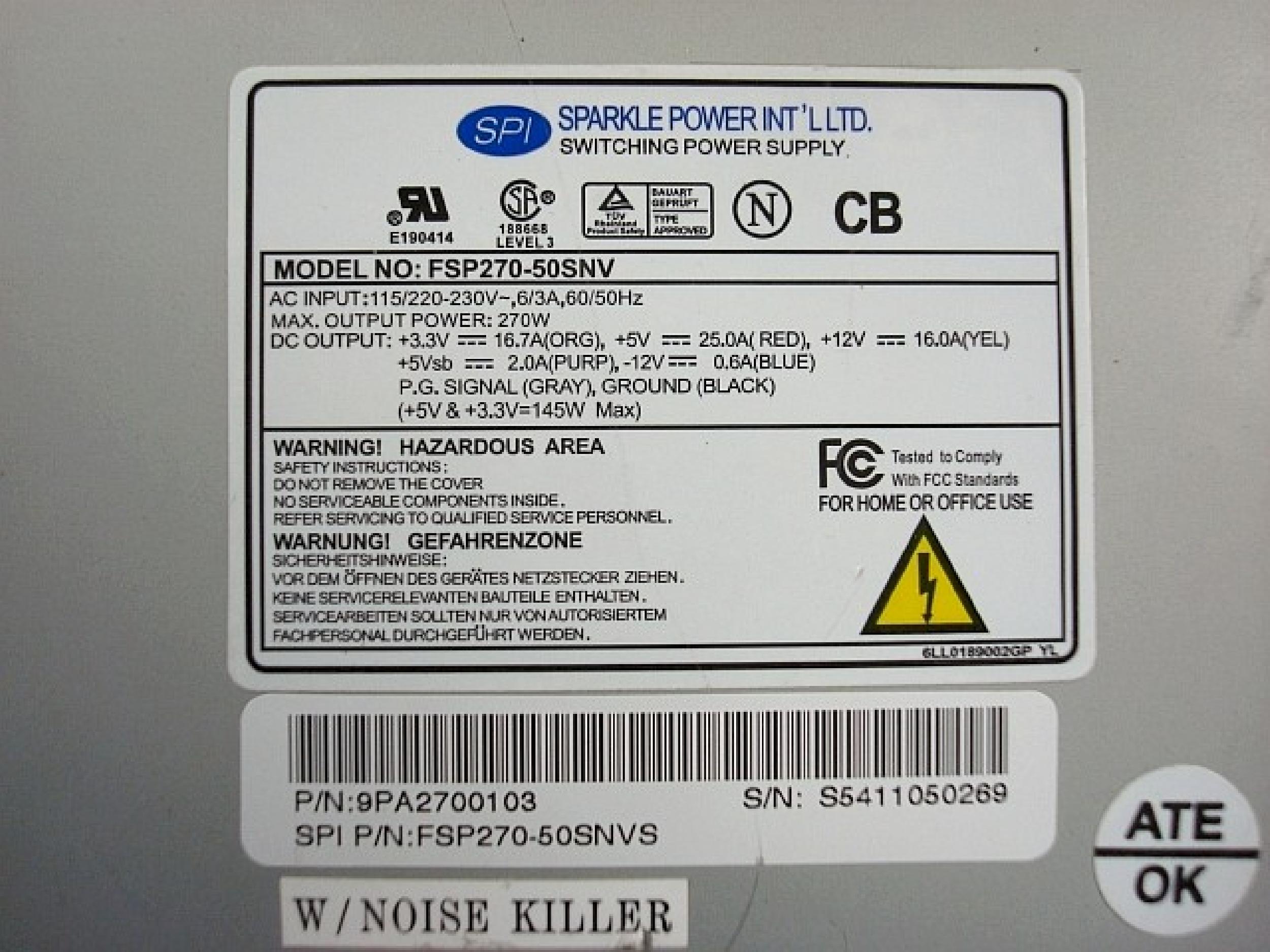 FSP GROUP / SPARKLE POWER INTL LTD / POWER MAN / YATE LOON / AOPEN / ACER FSP270-50SNV 270W MICRO ATX POWER SUPPLY