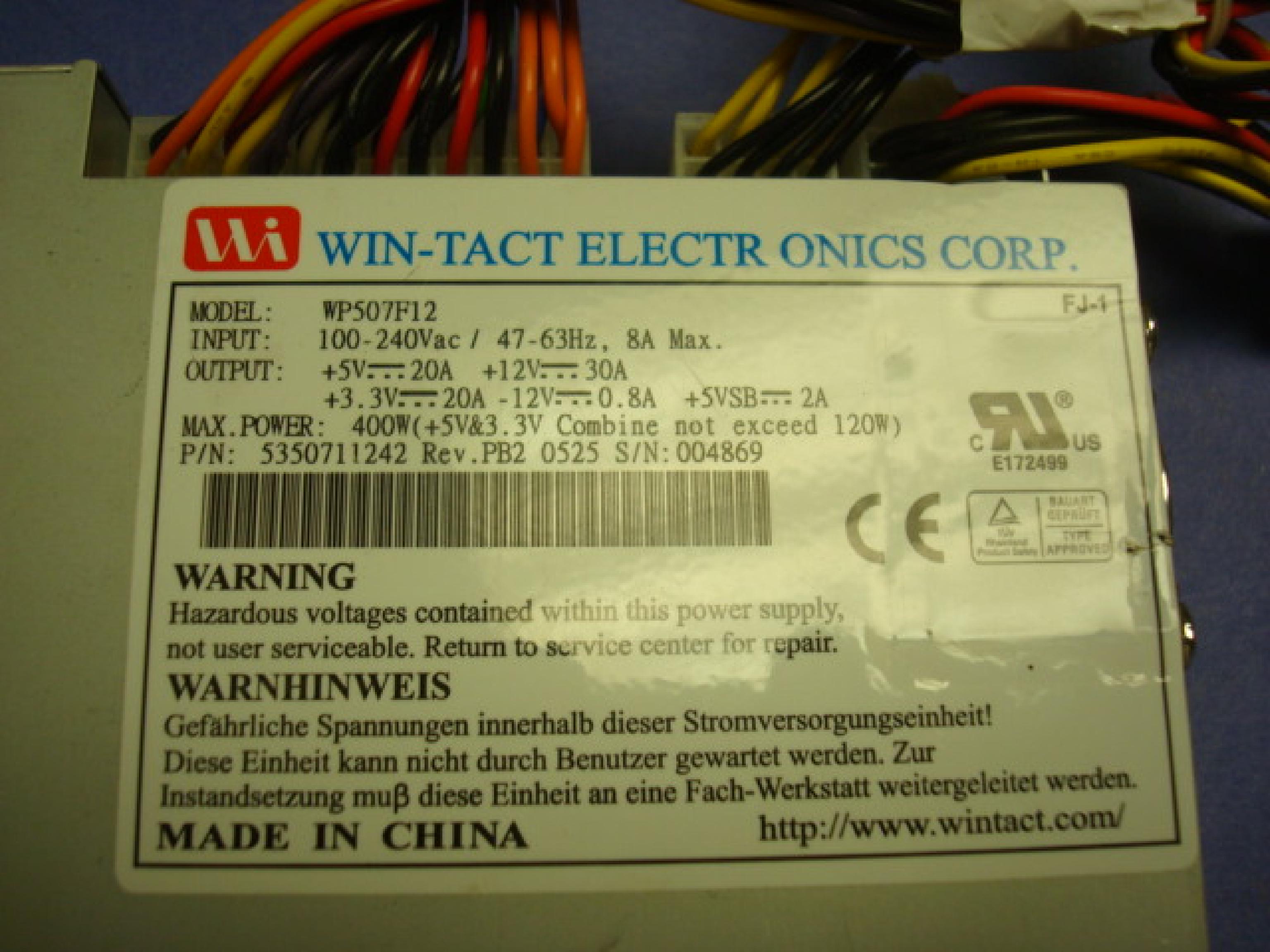 WIN-TACT ELECTRONICS CORP. WP507F12 IU POWER SUPPLY 400W 24PIN ATX