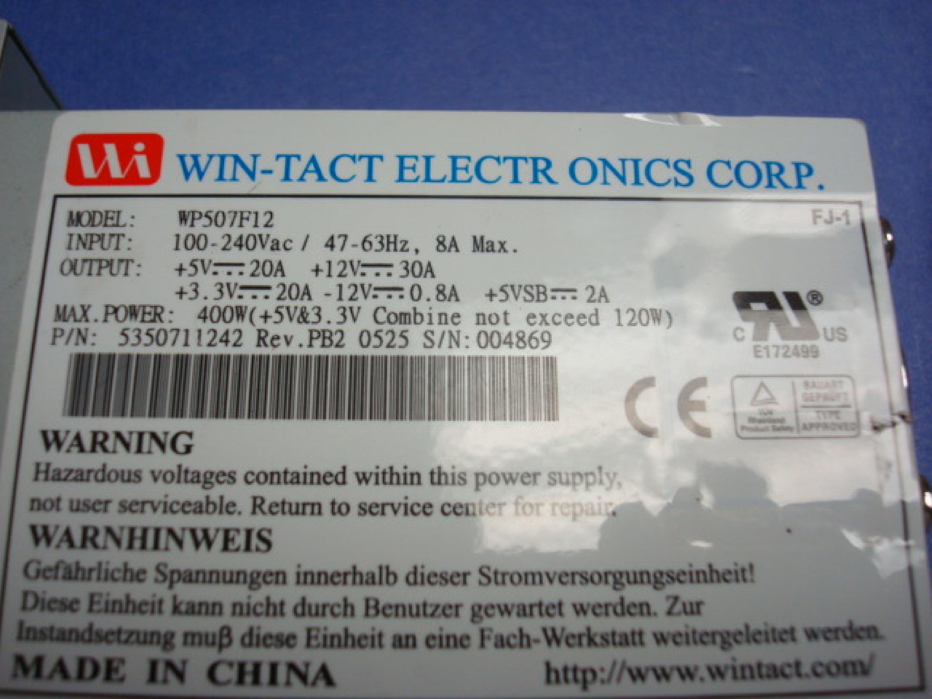 WIN-TACT ELECTRONICS CORP. WP507F12 IU POWER SUPPLY 400W 24PIN ATX