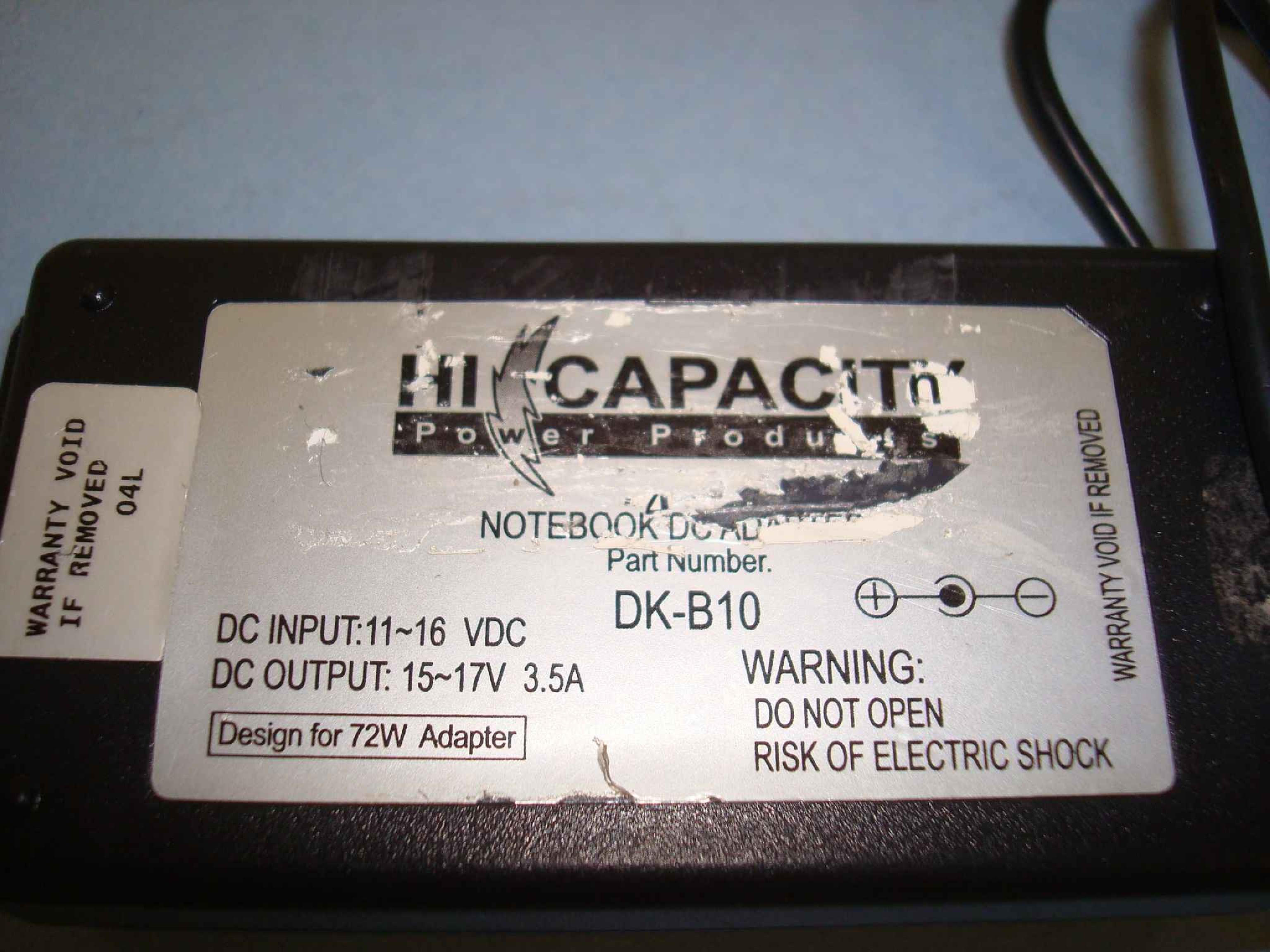 HI CAPACITY DK-B10 CAR NOTEBOOK DC ADAPTER, 15-17VDC 3.5A, 6FT CABLE WITH BARREL CONNECTOR, OD:5.5MM, ID:2.6MM