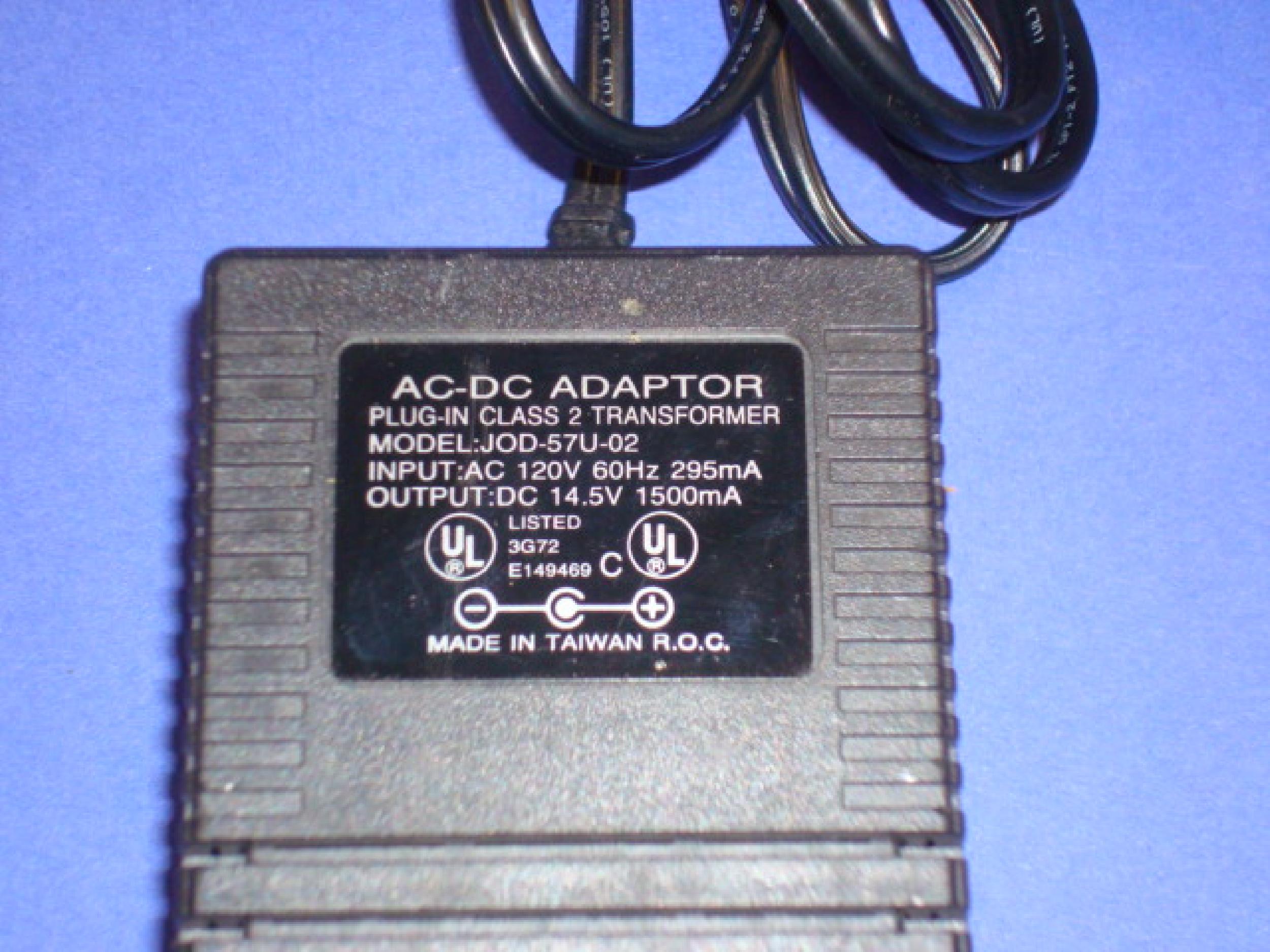 GENERIC JOD-57U-02 AC ADAPTER 14.5VDC 1500MA, 6FT/6FT CABLE WITH BARREL CONNECTOR, OD:3.5MM, ID:1.25MM, DESKTOP STYLE, NEGATIVE OUTSIDE POLE