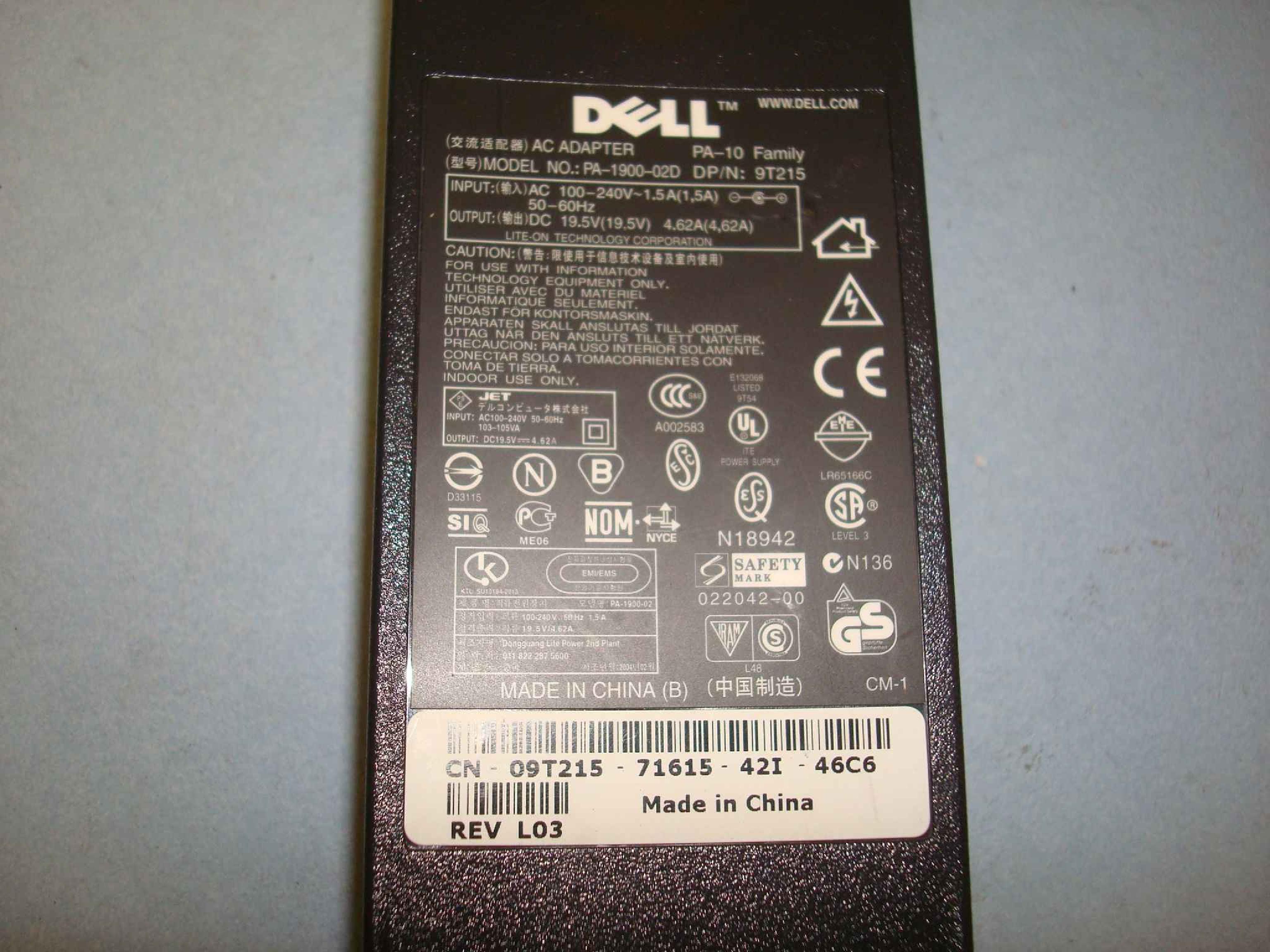 DELL 9T215 NO WALL PLUG INCLUDED 19.5V DC 4.62A AC ADAPTER WITH BARREL CONNECTOR