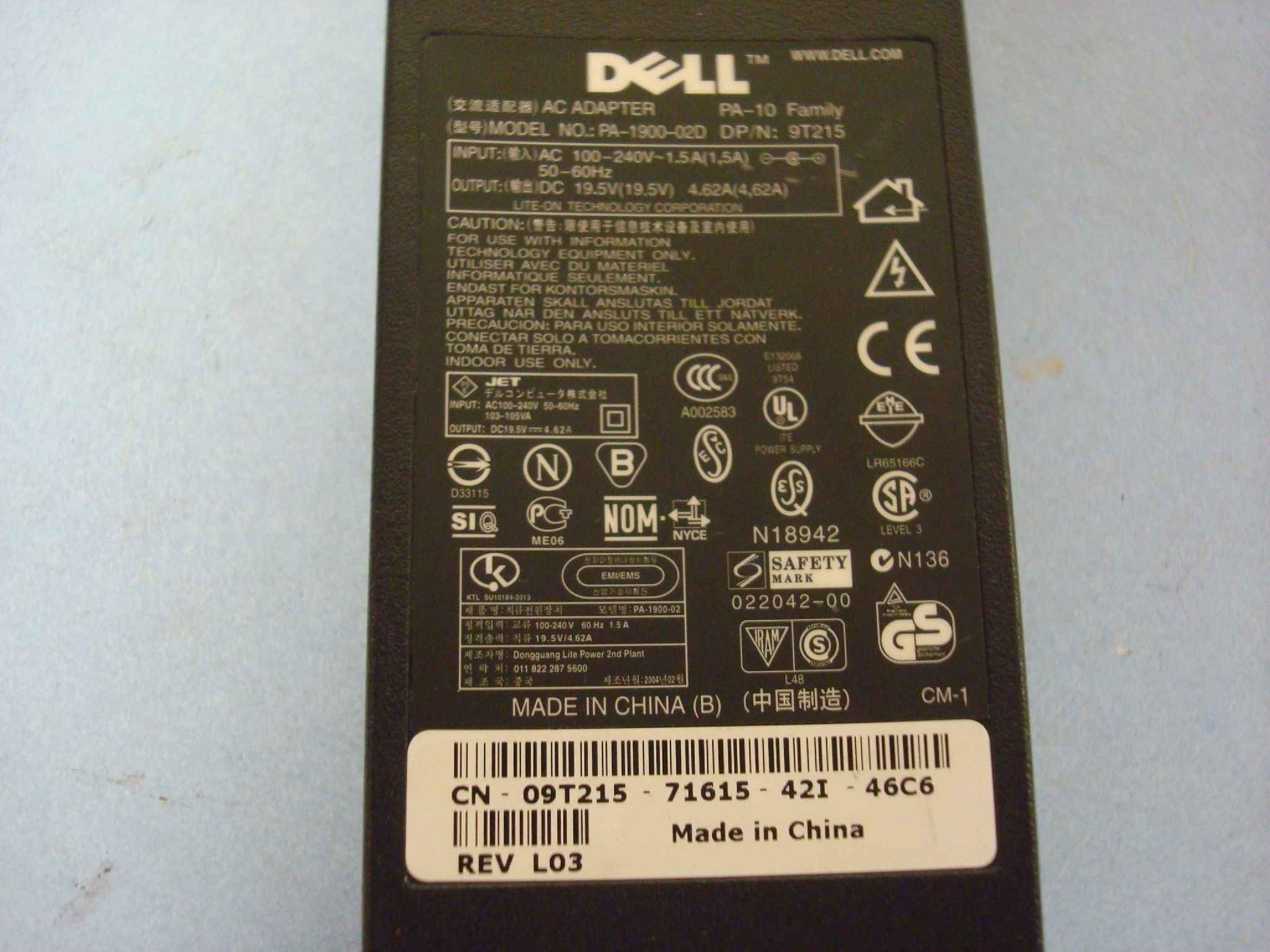 DELL 9T215 NO WALL PLUG INCLUDED 19.5V DC 4.62A AC ADAPTER WITH BARREL CONNECTOR