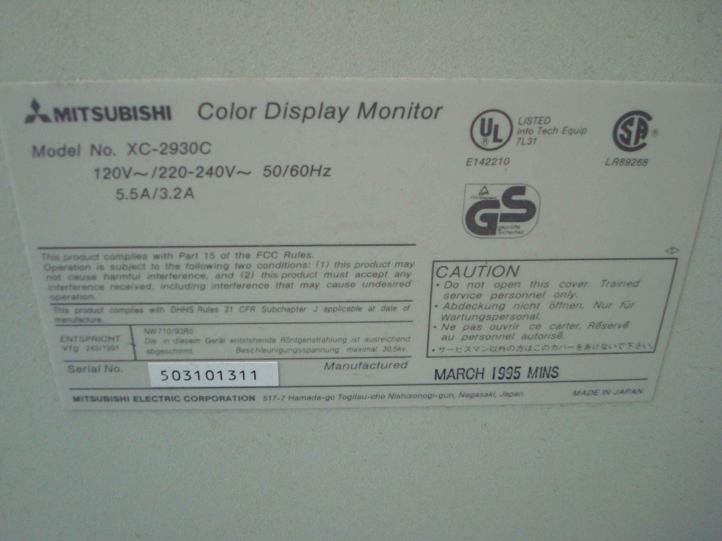 MITSUBISHI XC-2930C SN 503101311 MEGAVIEW PRO 29 INCH COLOR DISPLAY MONITOR