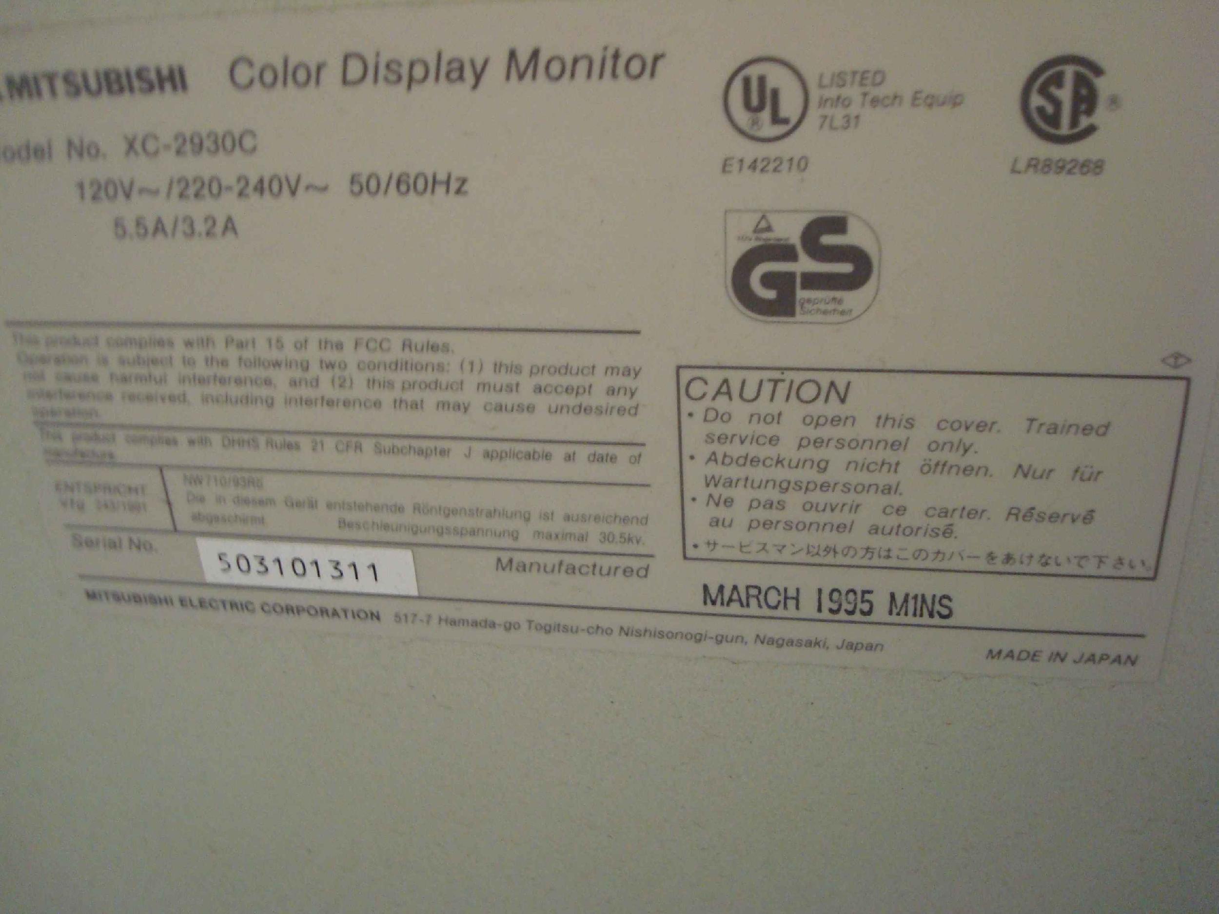 MITSUBISHI XC-2930C SN 503101311 MEGAVIEW PRO 29 INCH COLOR DISPLAY MONITOR