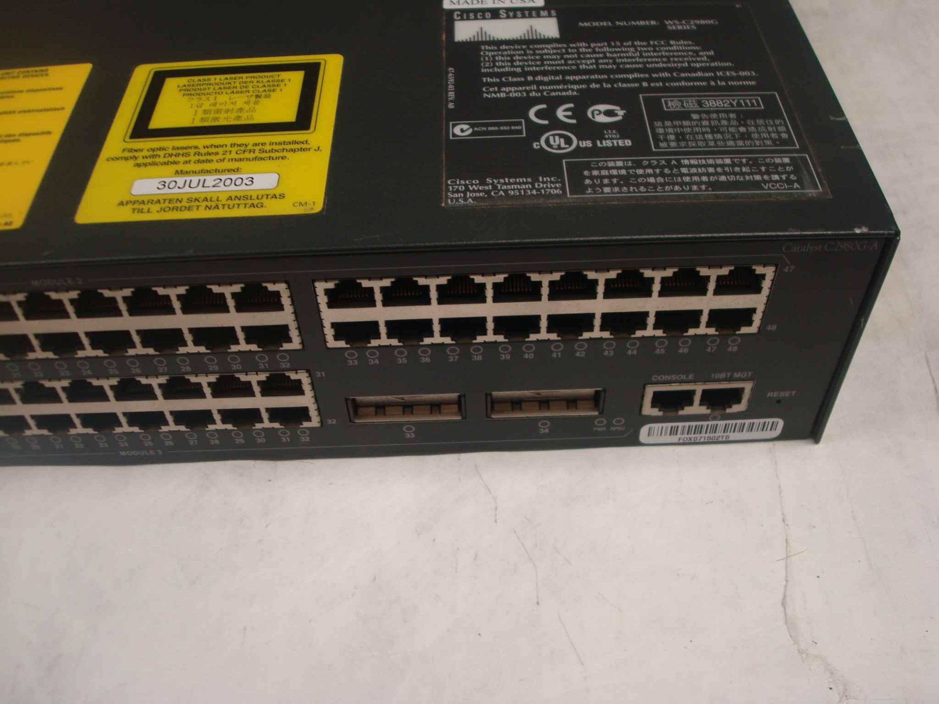 CISCO SYSTEMS WS-C2980G 10/100/1000 CATALYST 80 PORT 10/100 2 PORTS GBIC