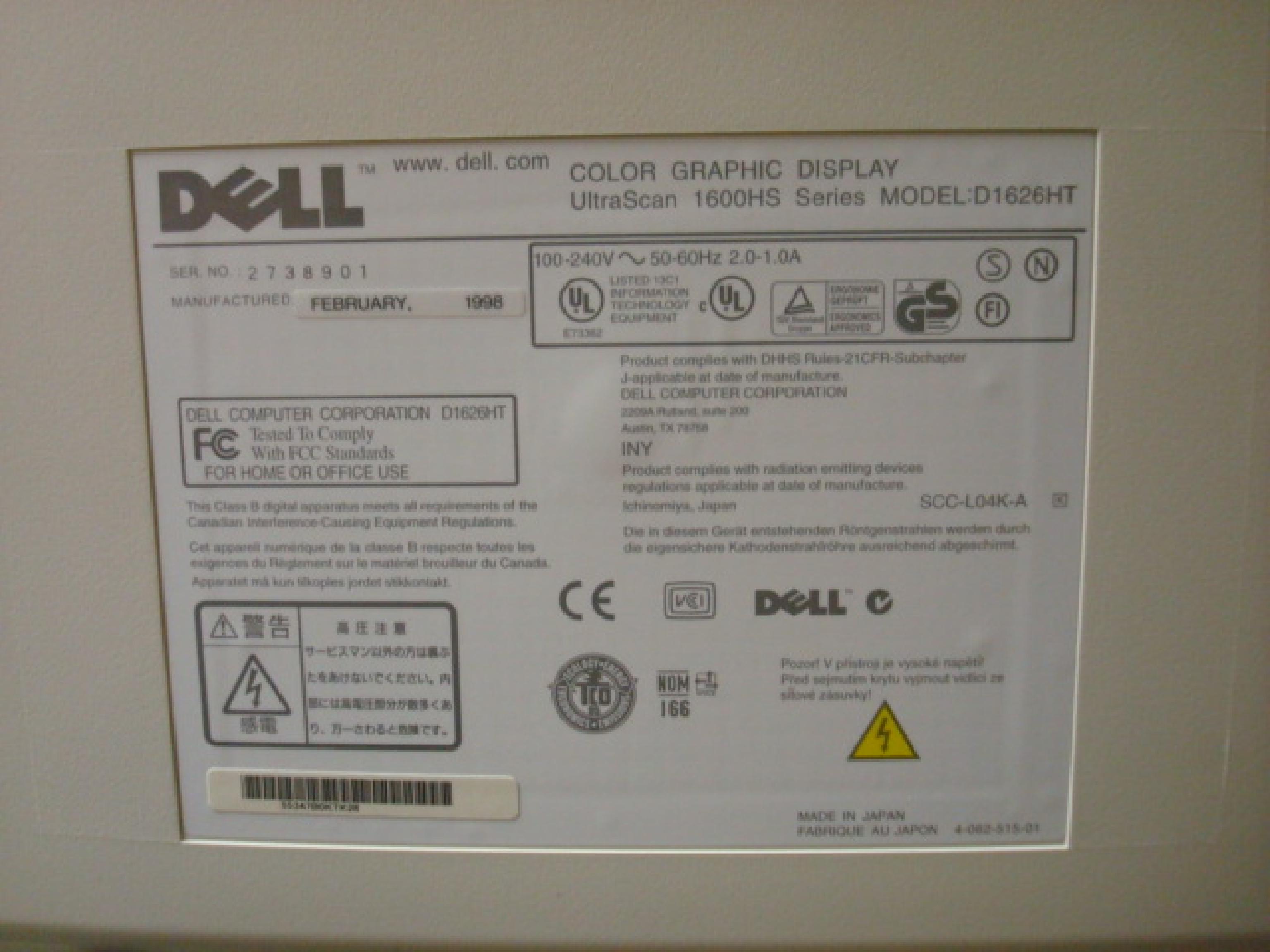 DELL D1626HT 21INCH TRINITRON MONITOR VGA AND 5PORT BNC PICTURE GRADE A, CASE GRADE B, SN 2738901