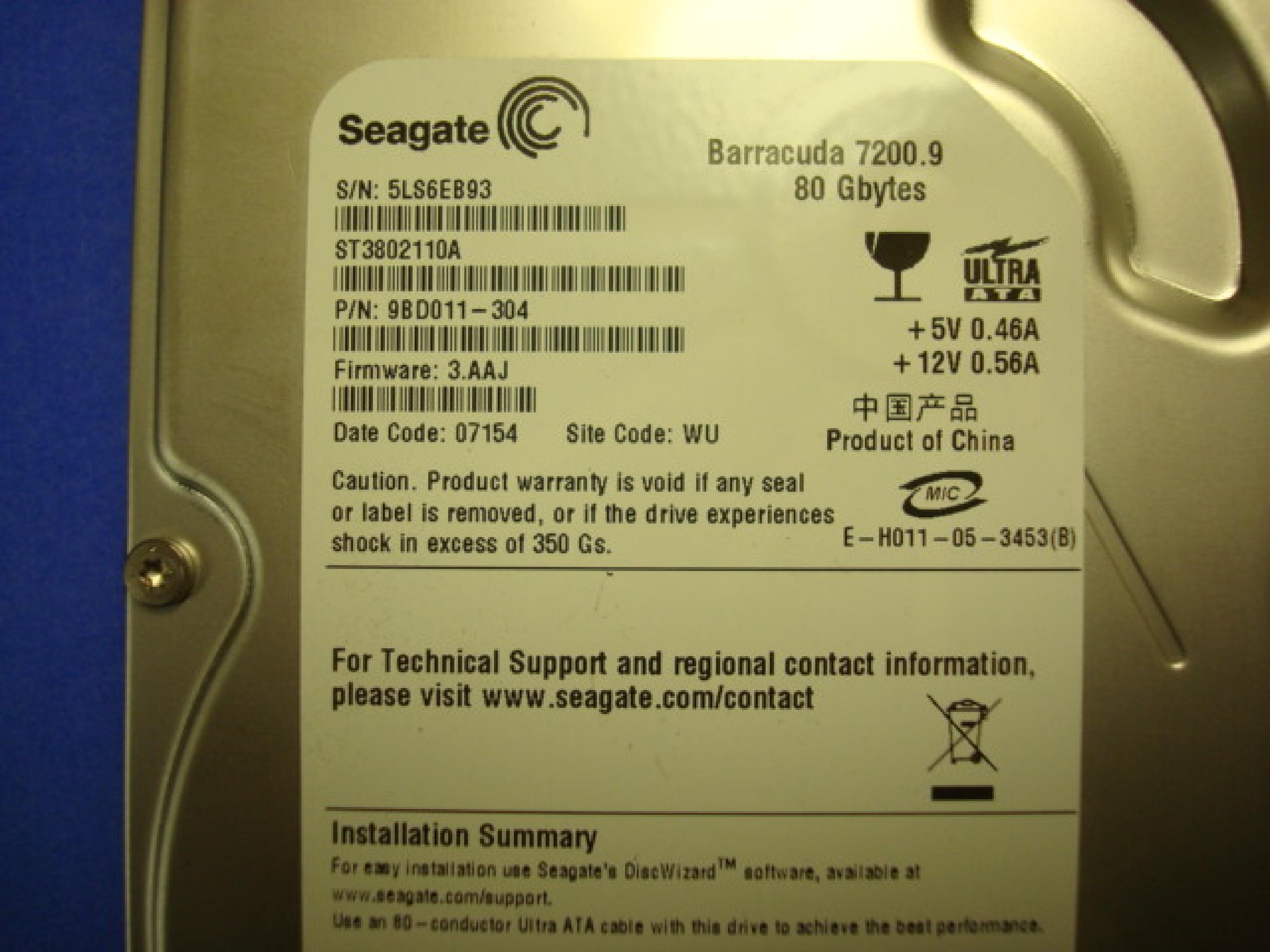 SEAGATE ST3802110A 80GB IDE DRIVE FIRMWARE 3.AAJ DATE CODE 07427 SITE CODE WU