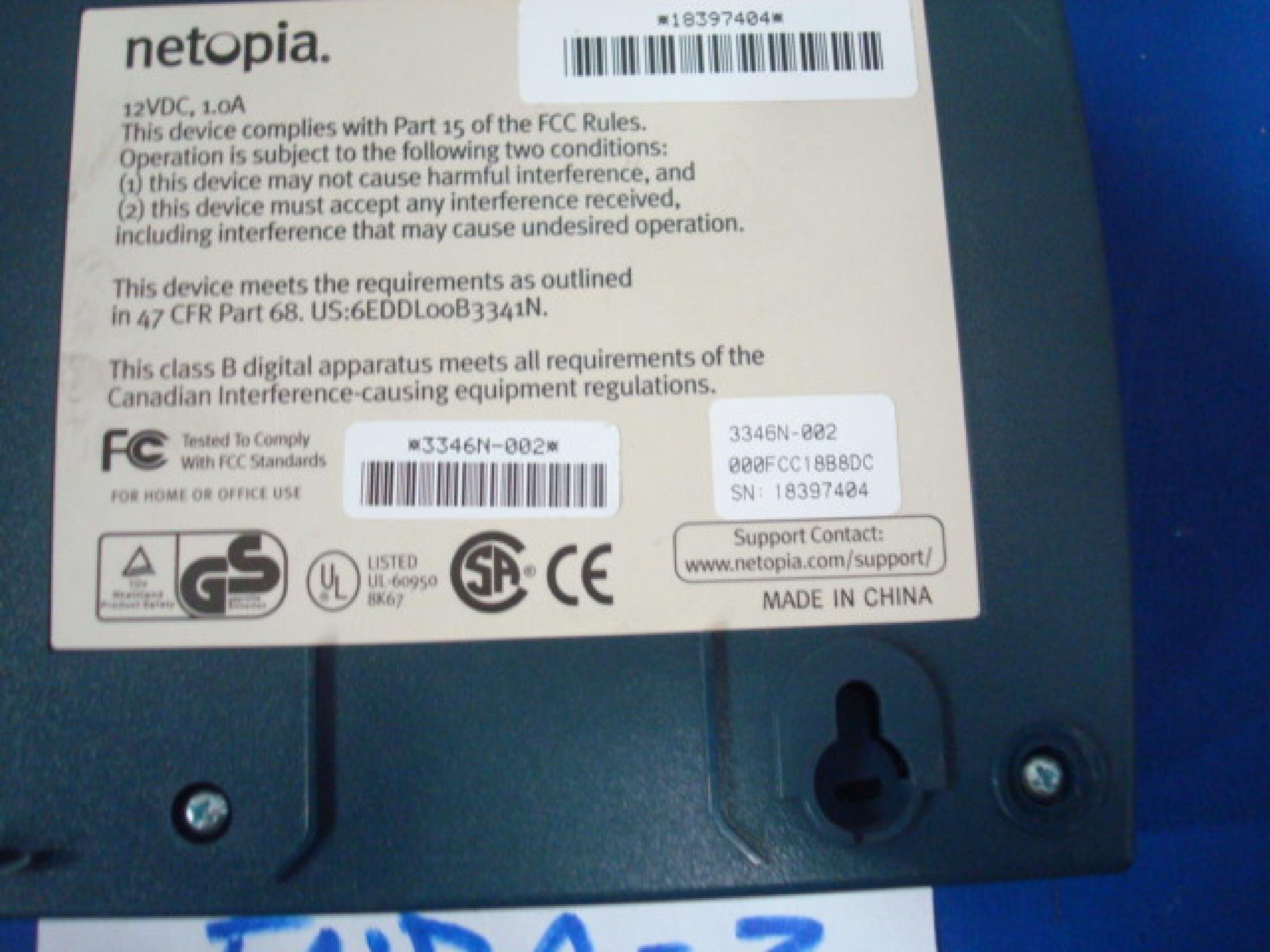 NETOPIA 3364N-002 DSL MODEM WITH 4 PORT ETHERNET LAN