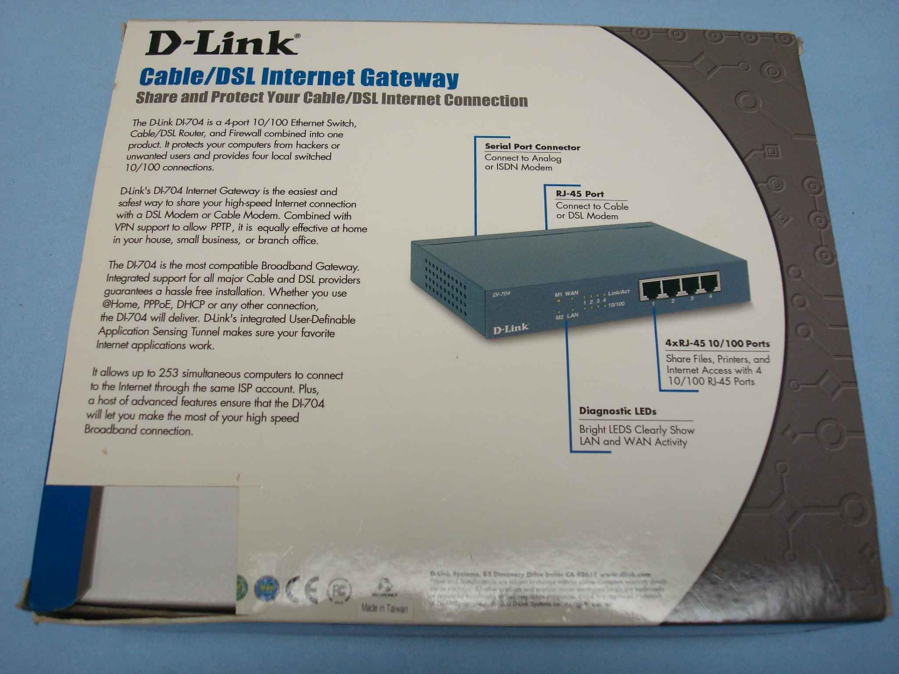 D-LINK SYSTEMS DI-704 OPEN BOX, WITH MANUAL AND AC ADAPTER, ETHERNET AND DIAL UP INTERNET ROUTER CABLE/DSL GATEWAY