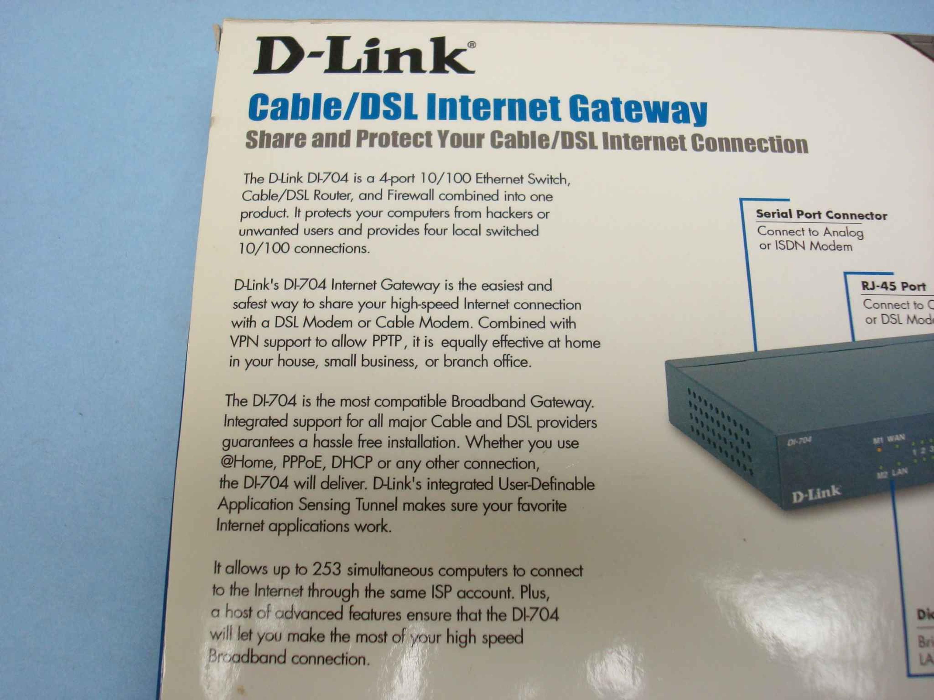 D-LINK SYSTEMS DI-704 OPEN BOX, WITH MANUAL AND AC ADAPTER, ETHERNET AND DIAL UP INTERNET ROUTER CABLE/DSL GATEWAY