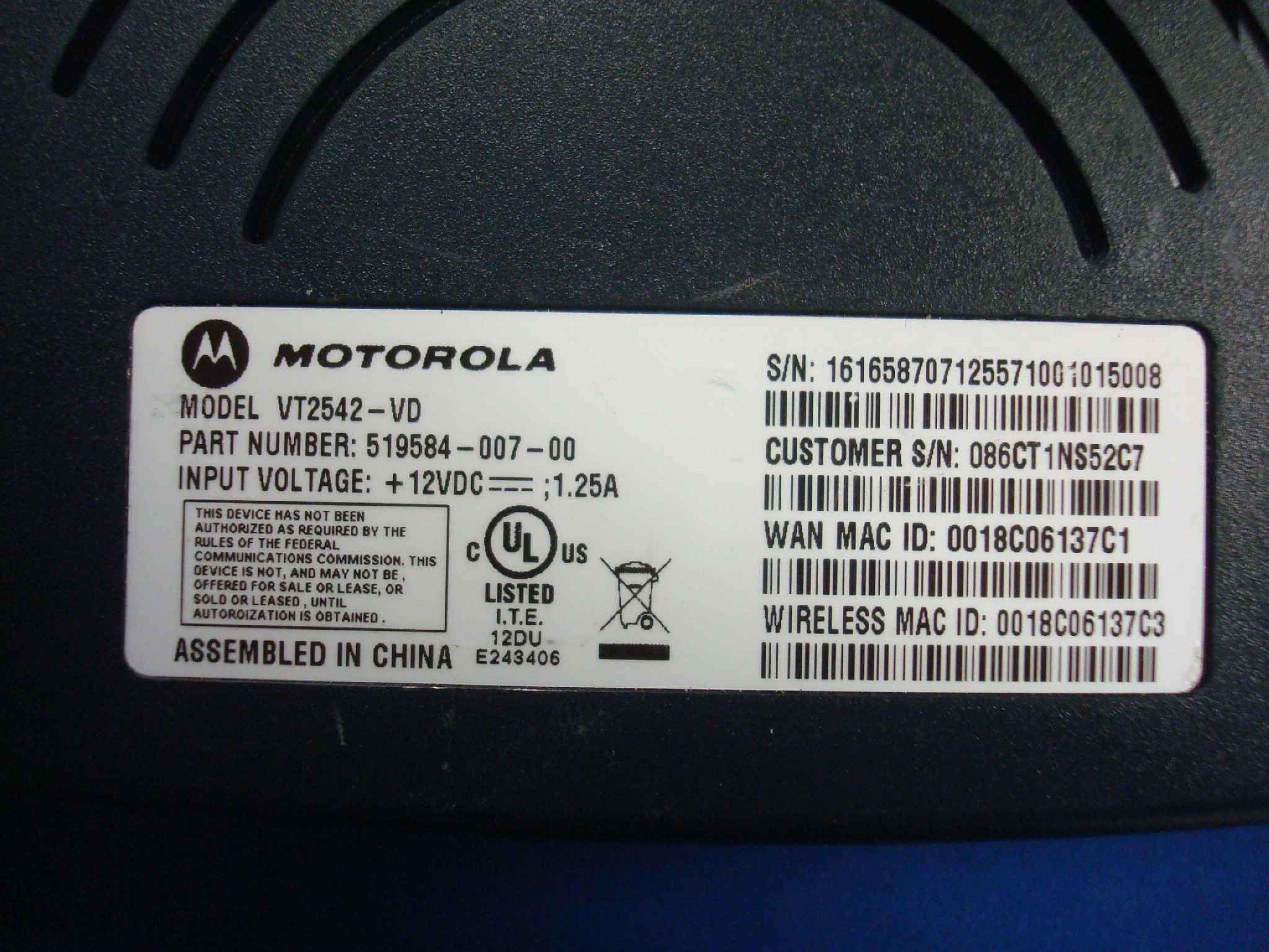 MOTOROLA VT2542-VD VONAGE ROUTER HUB WIRELESS