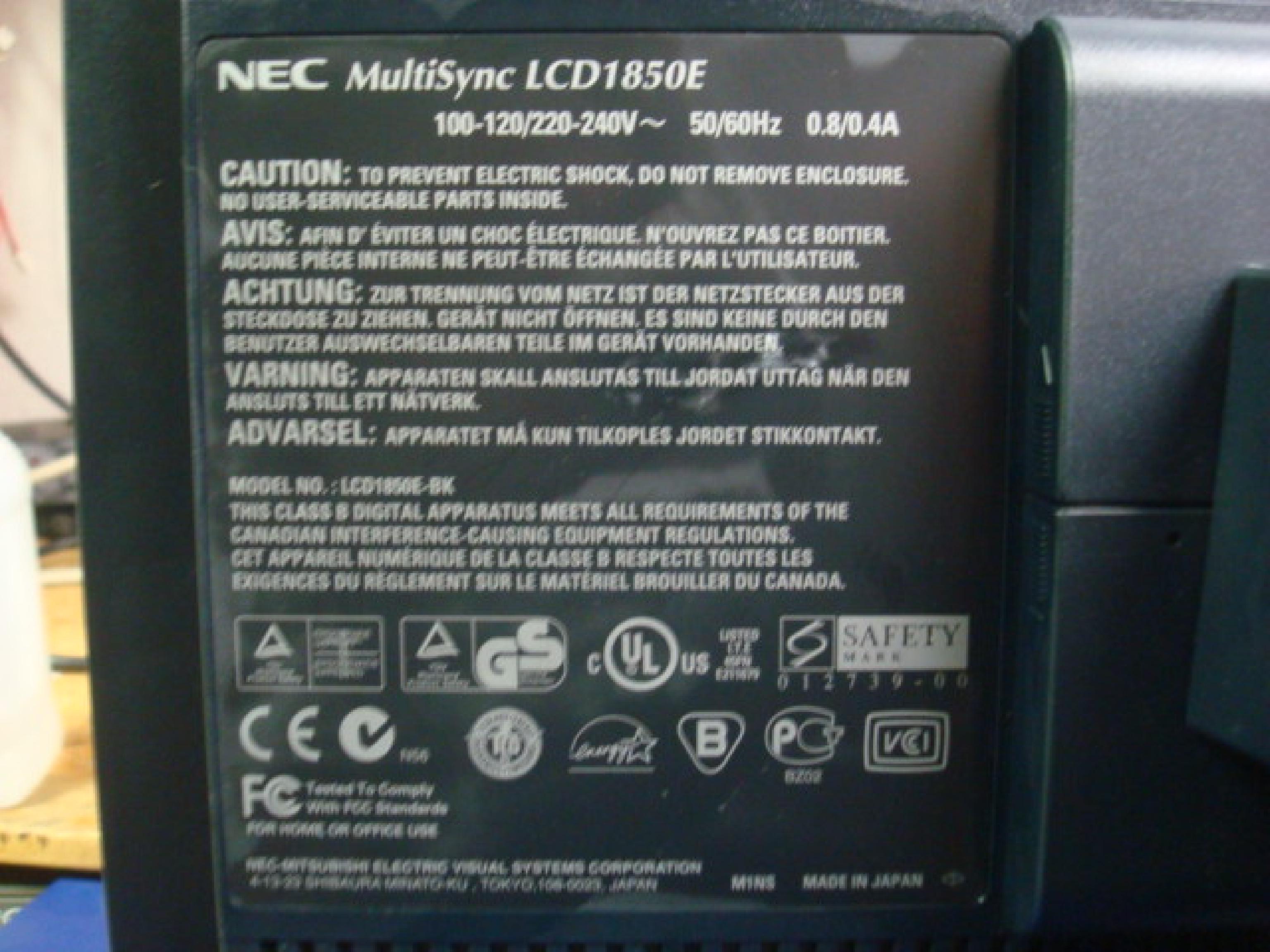 NEC LCD1850E-BK 18INCH MULTISYNC LCD MONITOR