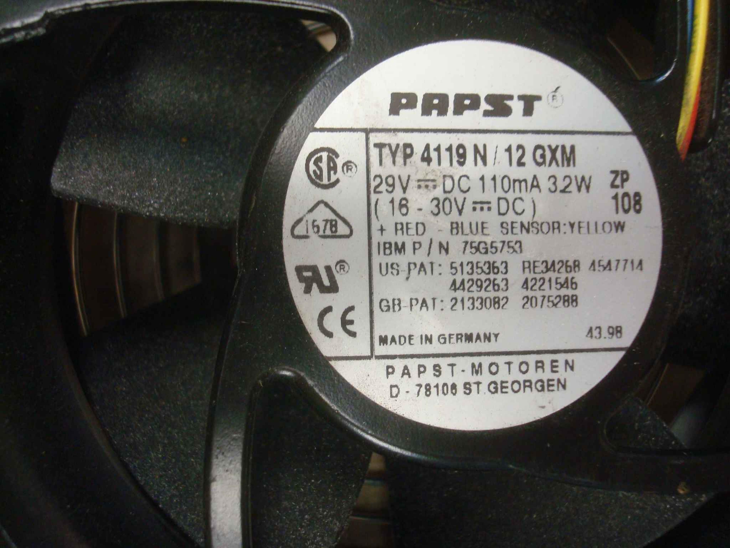 PAPST TYP 4119 N / 12 GXM 29VDC 110MA 3.2W FAN 116MM X 40MM