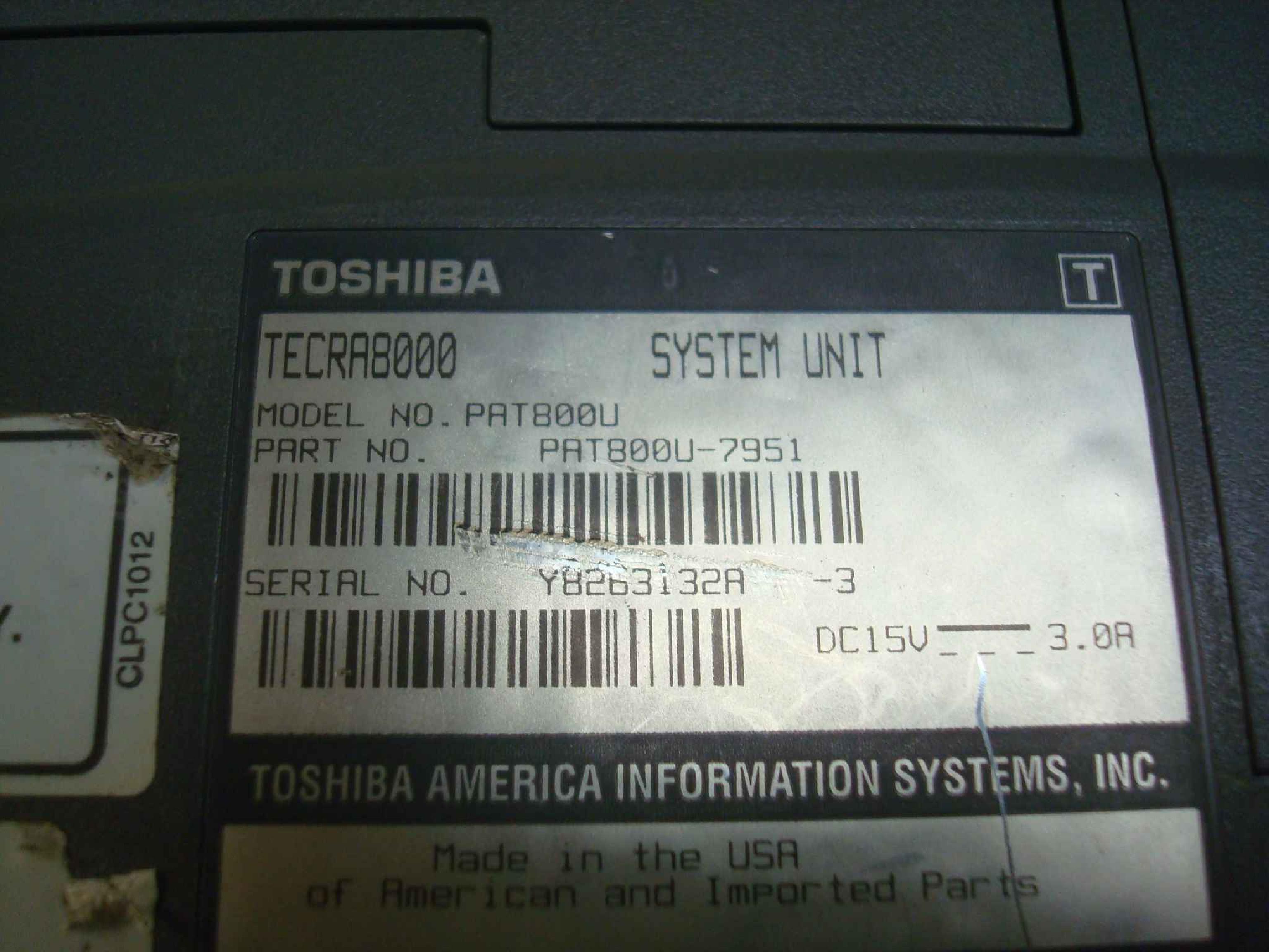 TOSHIBA TECRA 8000 BATTERY DEFUNCT, NOTEBOOK COMPUTER, TECRA 8000, PENTIUM II 366MHZ, 64MB RAM, 3.02GB HARD DRIVE, CDROM, BOOTS TO WIN98