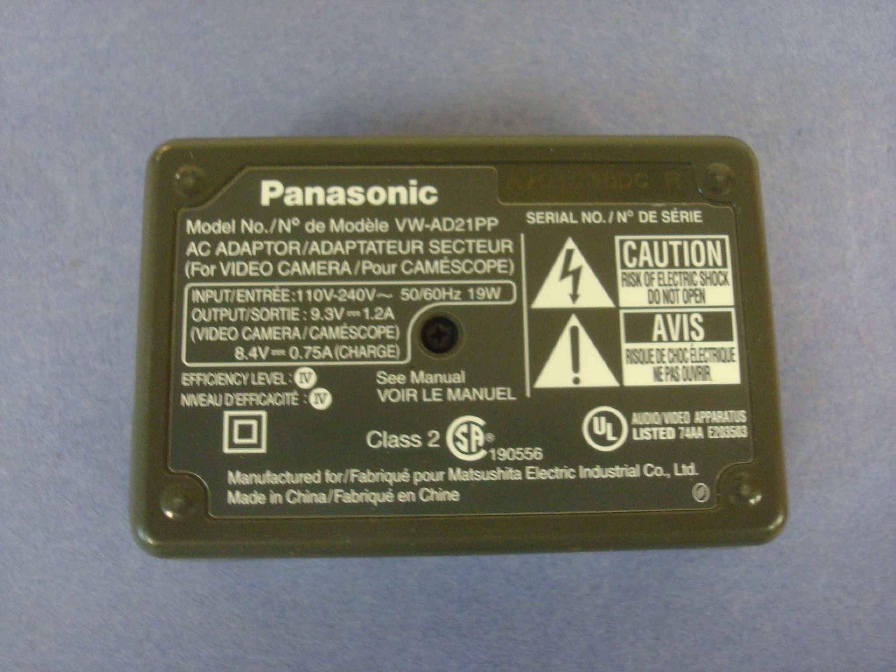 PANASONIC VW-AD21PP AC ADAPTER FOR CAMCORDERS 9.3V 1.2A TO CAMCORDER 8.4V .75A CHARGER COMPATIBLE ONLY - WILL NOT CHARGE BATTERY