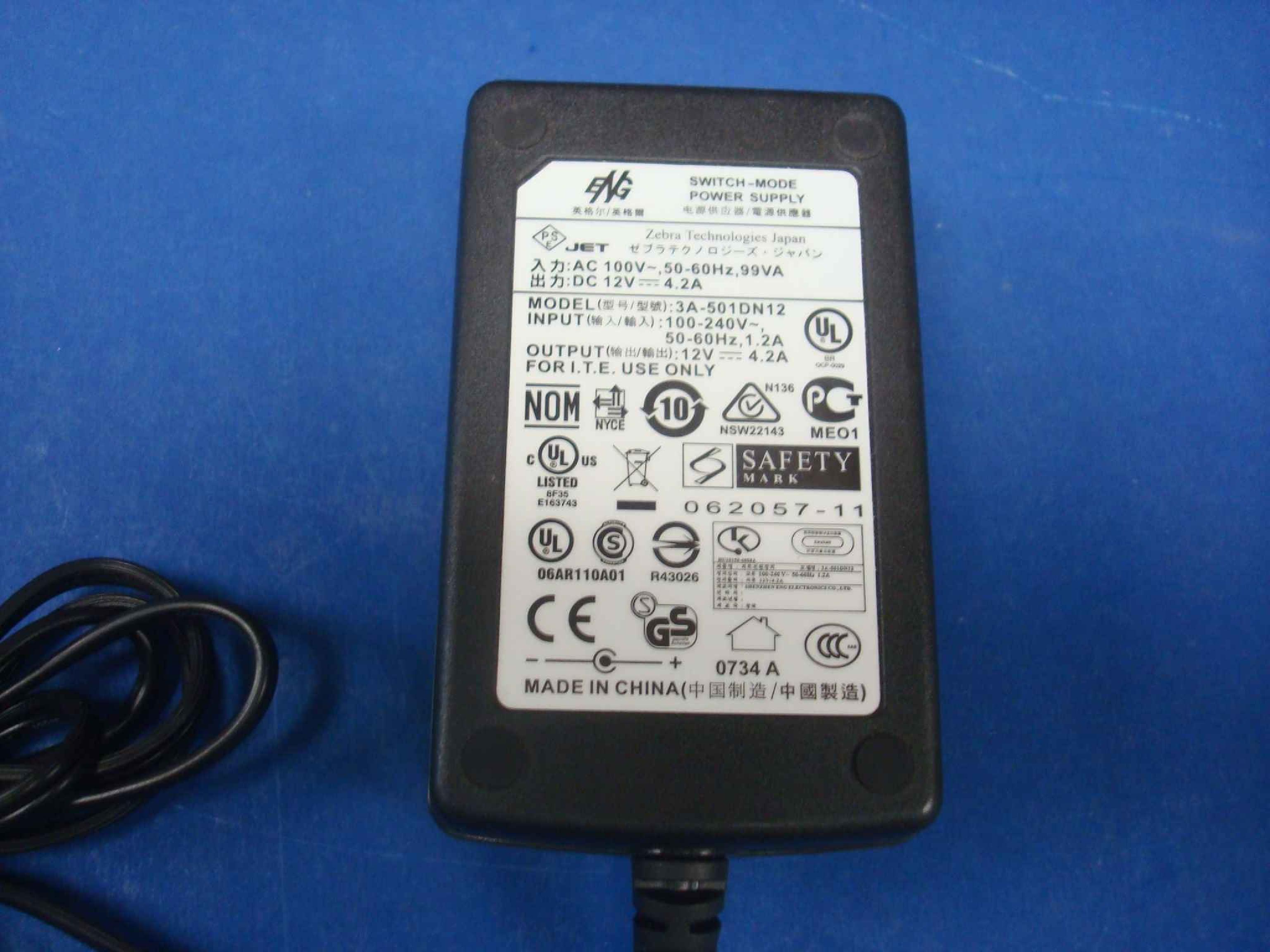 ZEBRA TECHNOLOGIES 3A-501DN12 CLONE AC ADAPTER POWER SUPPLY 12V 4.2A OD:5.5MM ID:2.5MM