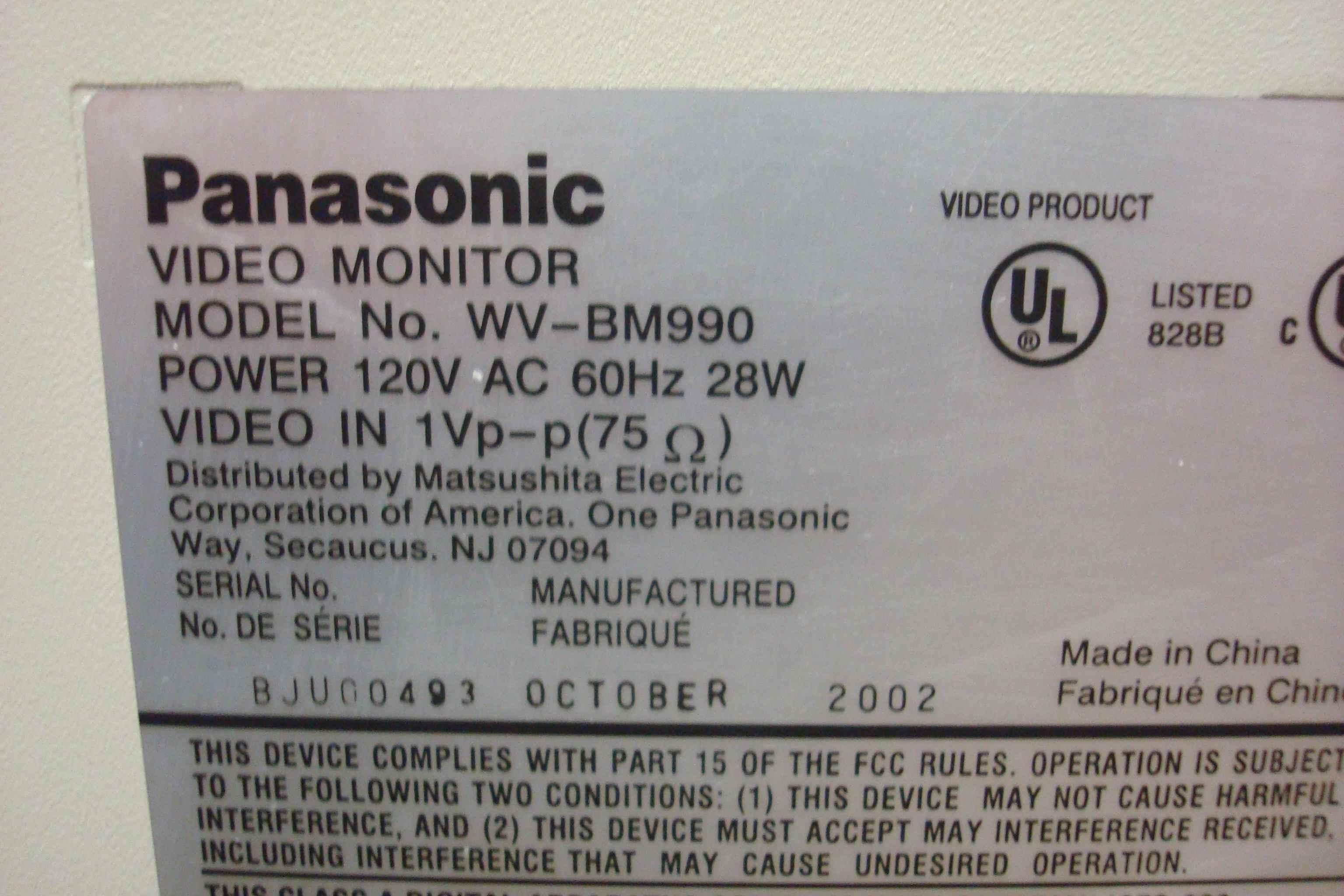 PANASONIC WV-BM990 800 LINE MONOCHROME VIDEO MONITOR BNC/COMPOSITE