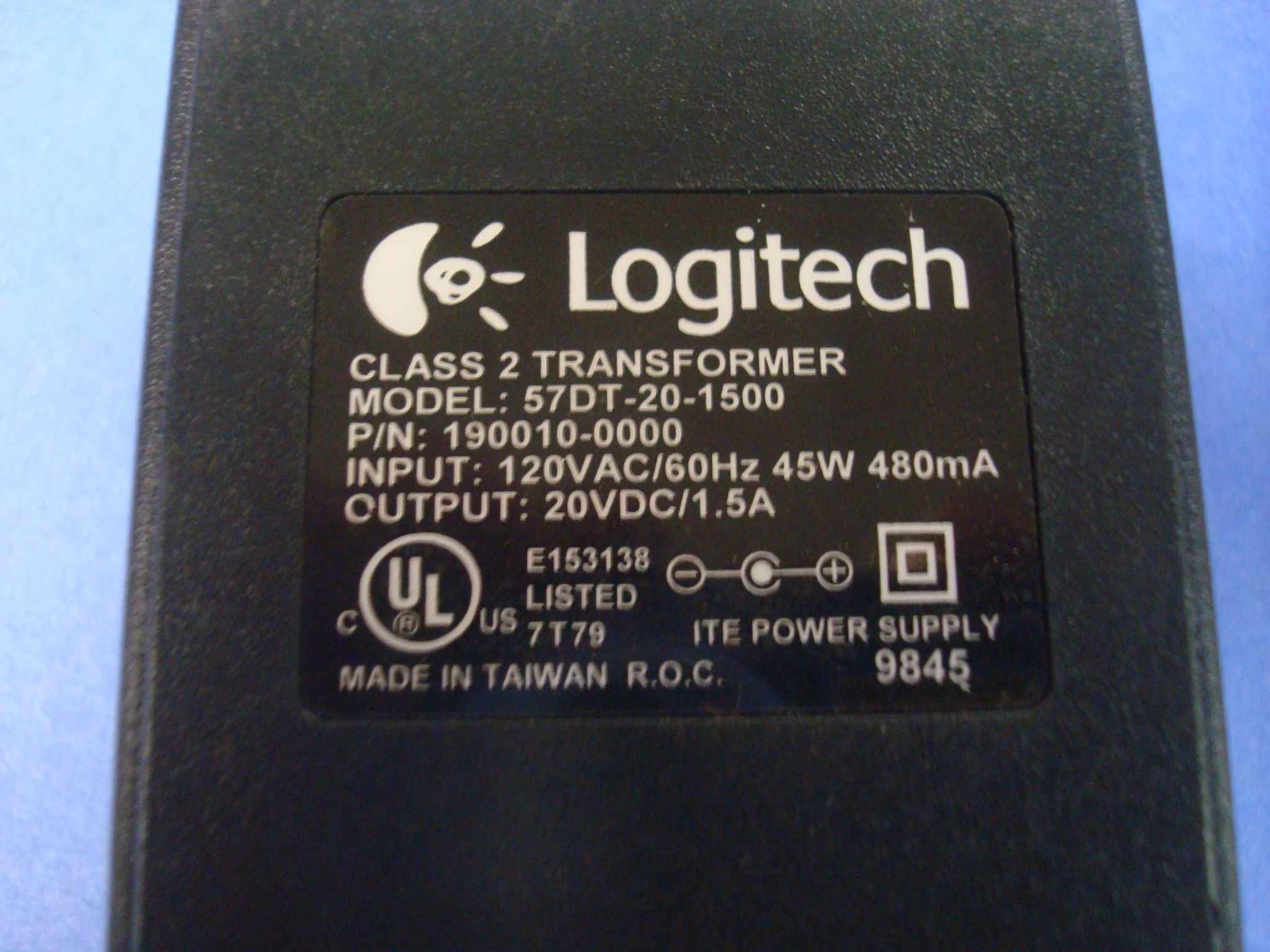 LOGITECH 190010-0000 AC ADAPTER 20V DC 1.5A BARREL CONNECTOR OD:5.5MM ID:2.1MM WITH NEGATIVE OUTSIDE POLE