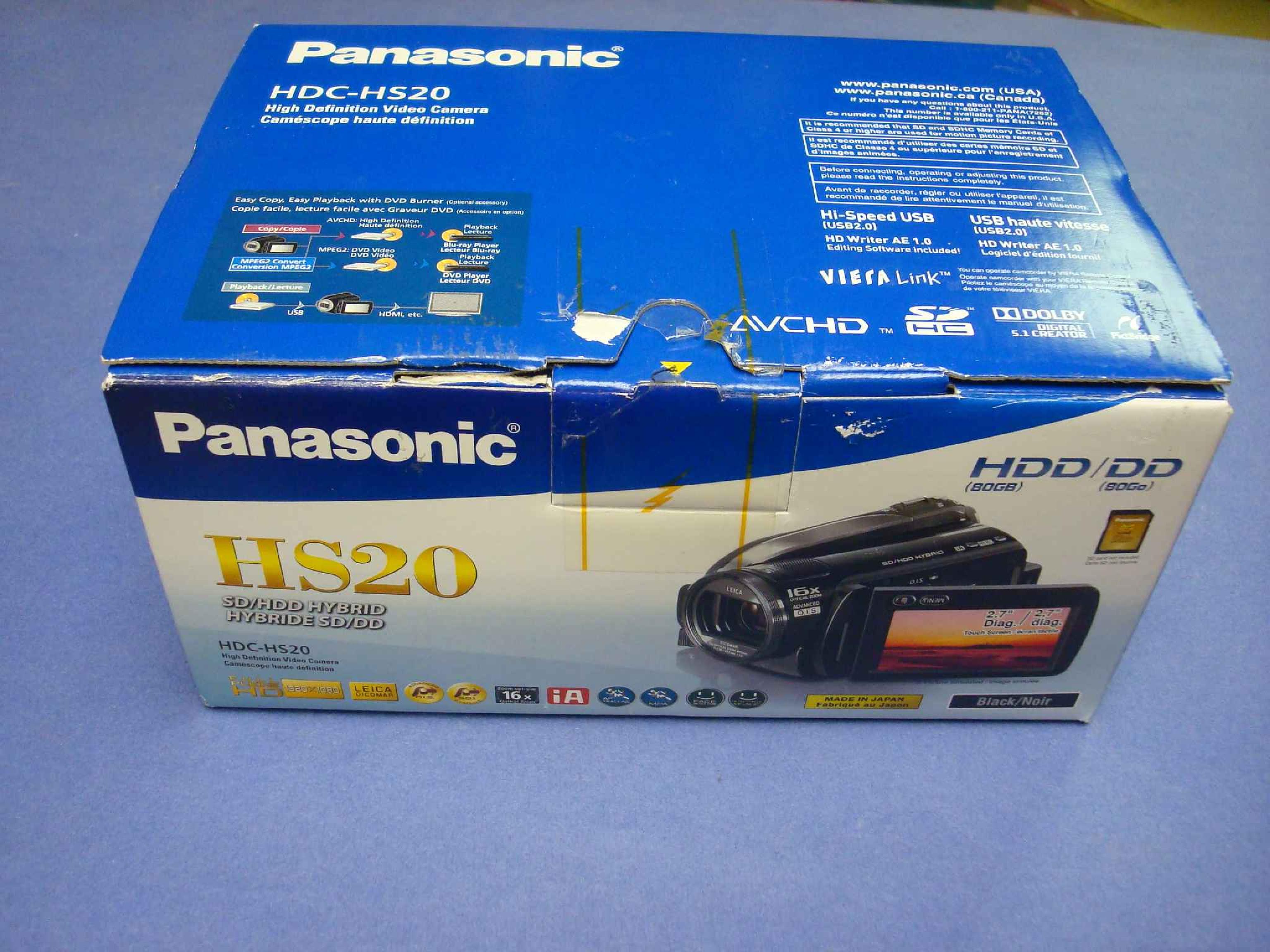 PANASONIC HDC-HS20P-K NEW OPEN BOX HD CAMCORDER 80GB DRIVE PLUS SD SLOT