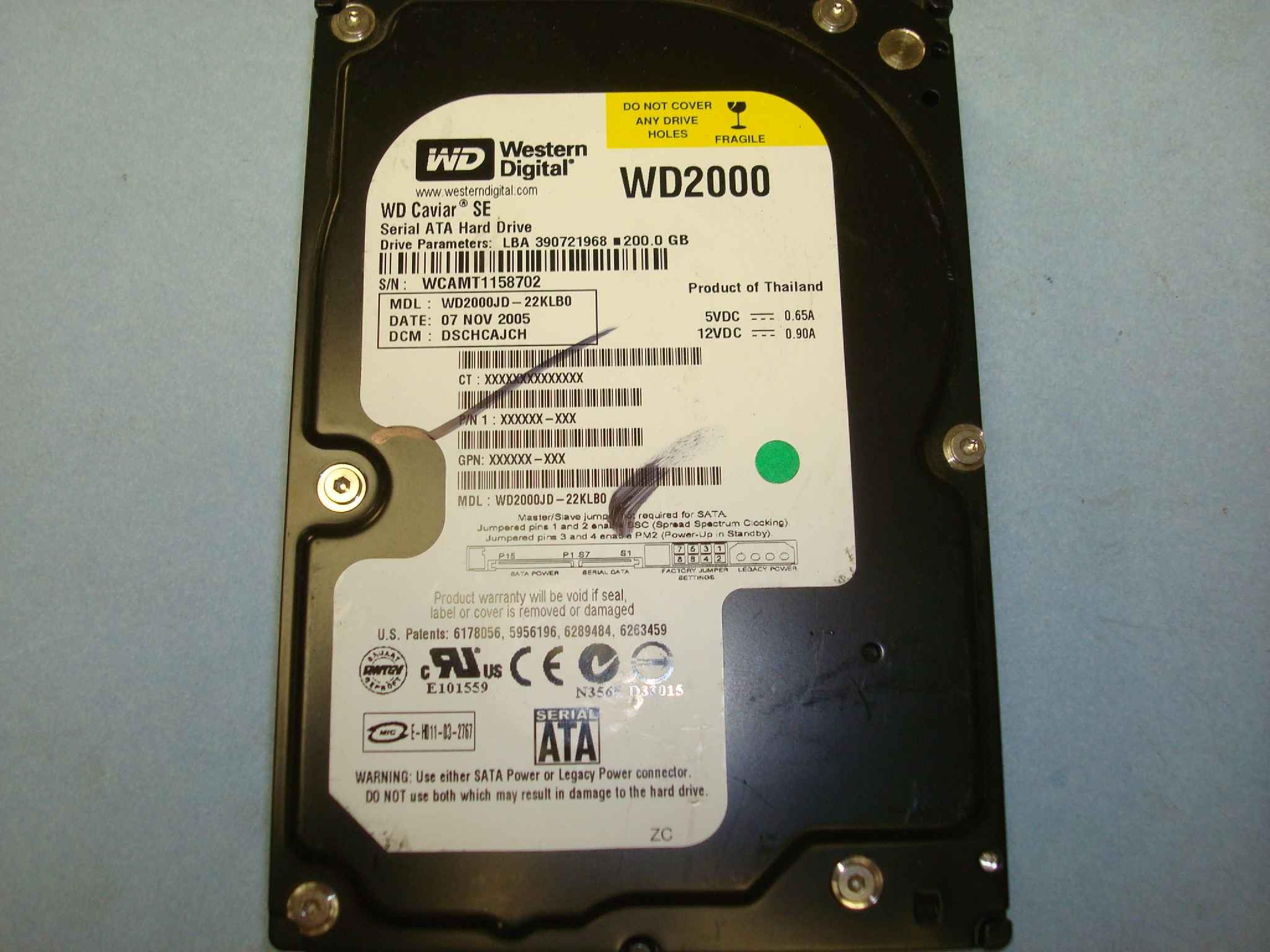 WESTERN DIGITAL / WD WD2000 200GB SATA DRIVE LBA: 390721968 DATE: 07 NOV 2005 DCM: DSCHCAJCH