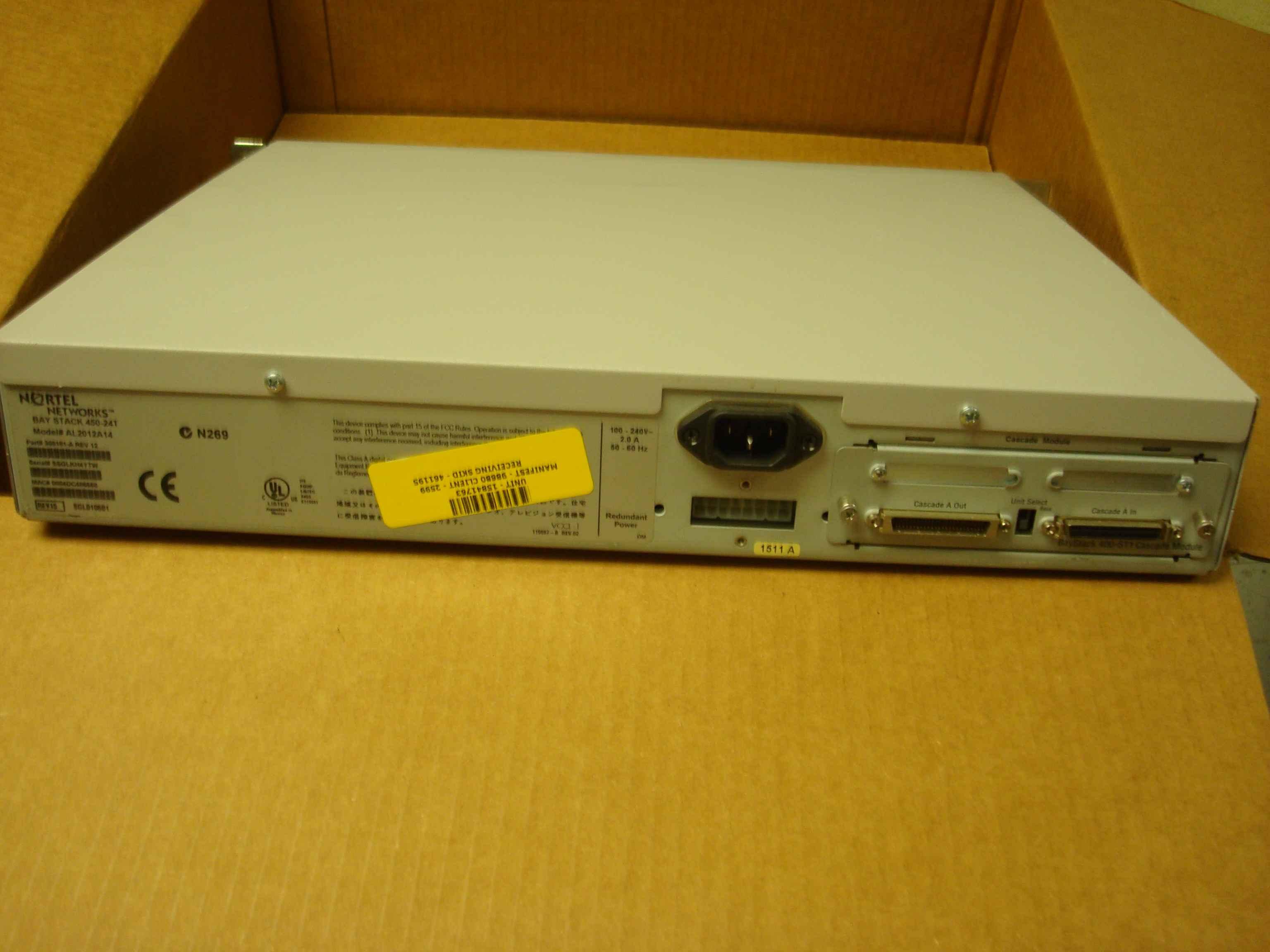 BAY NETWORKS / NORTEL 308181-A BAYSTACK 450-24T 10/100 24 PORT SWITCH AC POWER WITH 400-ST1 CASCADE MODULE