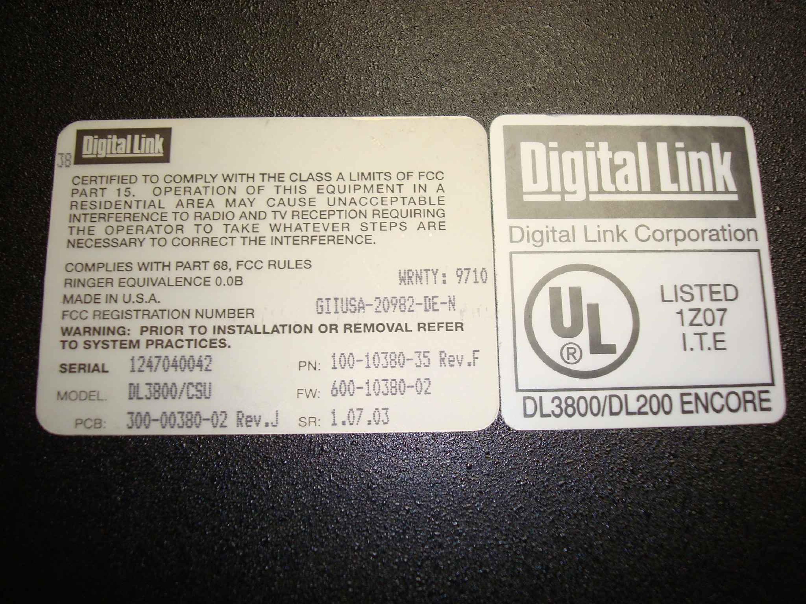 DIGITAL LINK DL3800-AC-CSU06 DIGITAL T1 INVERSE MULTIPLEXER FW:600-10380-03 SR:3.00.05