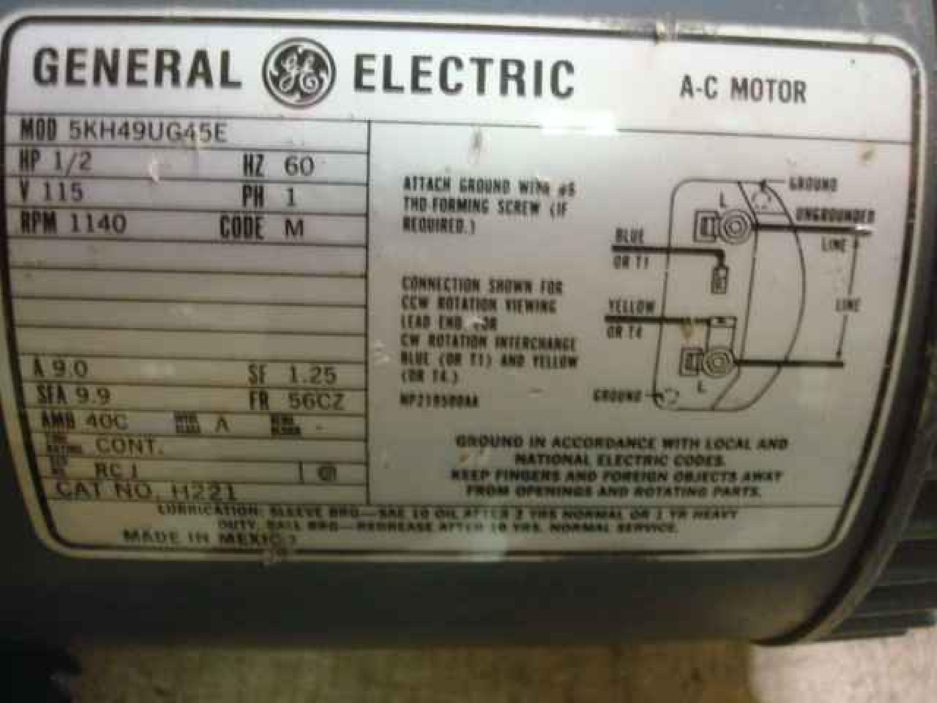 GENERAL ELECTRIC 5KH49UG45E 1/2HP 115VAC MOTOR 9A 60HZ 1140RPM FR 56CZ INSUL CLASS A