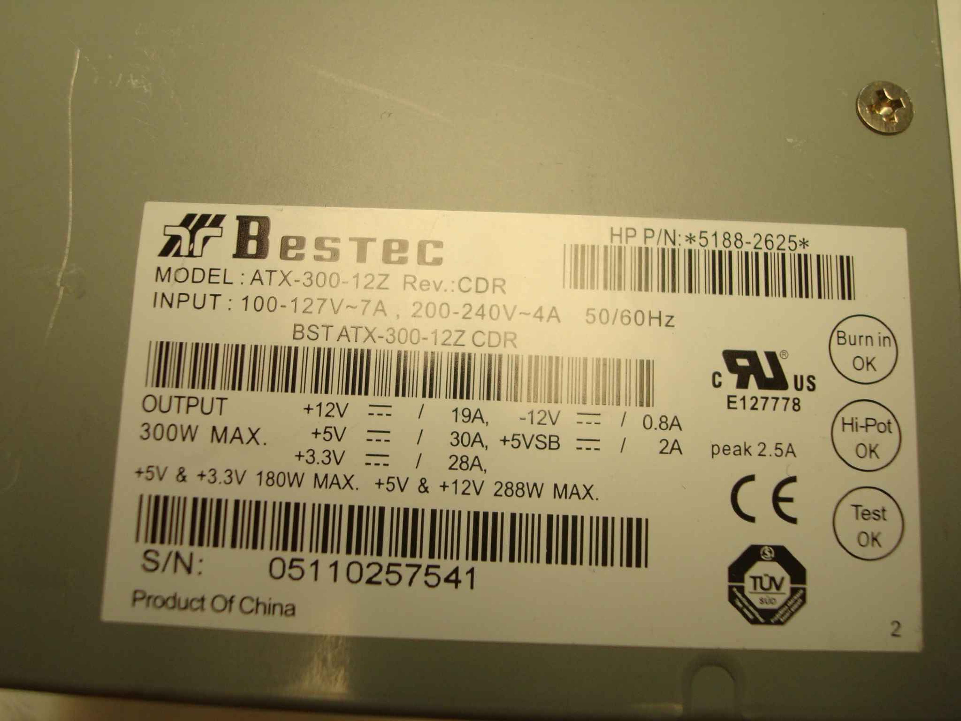 BESTEC 5188-2625 300W 24 PIN ATX POWER SUPPLY