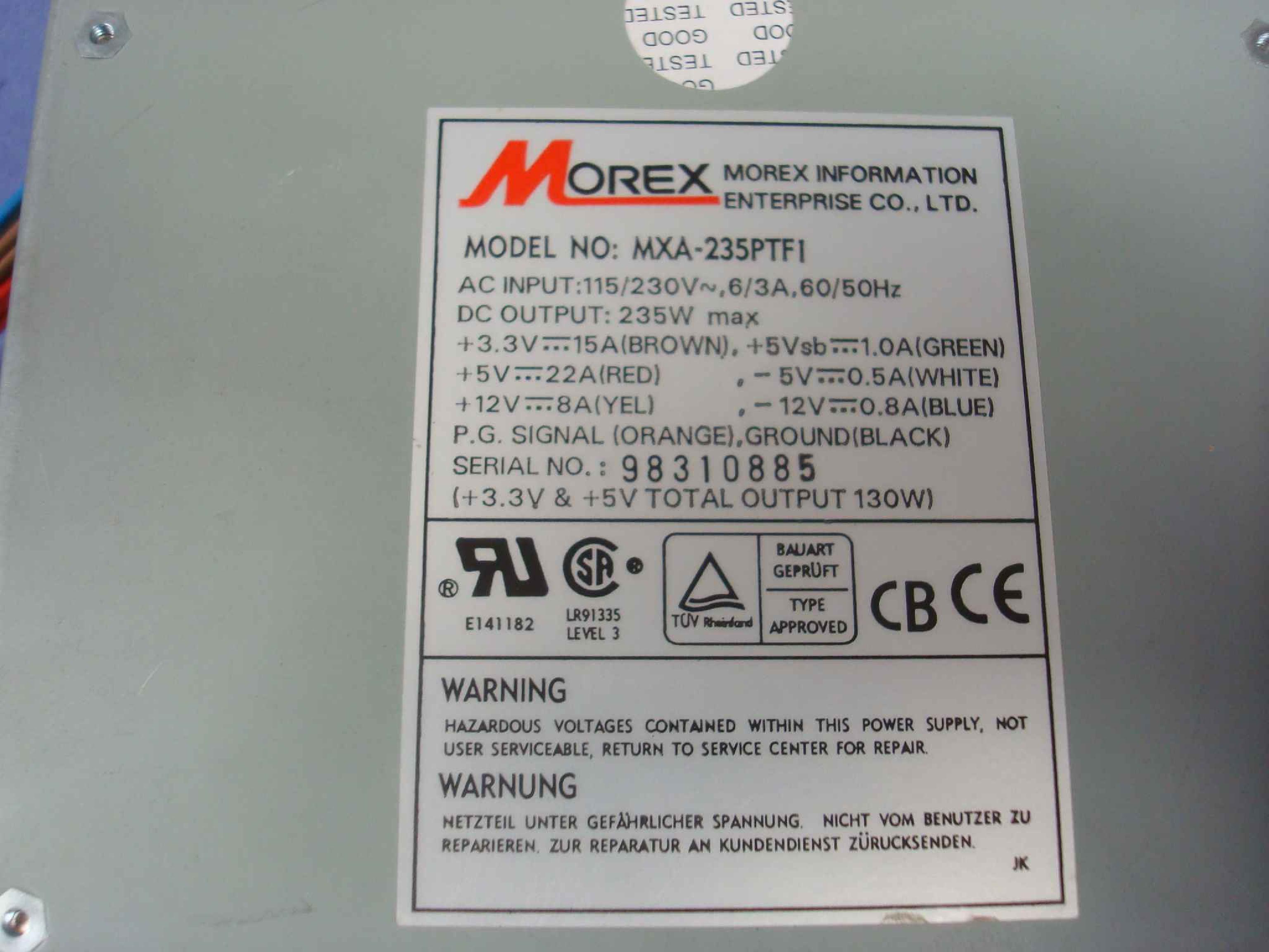 MOREX MXA-235PTF1 235 WATT POWER SUPPLY ATX