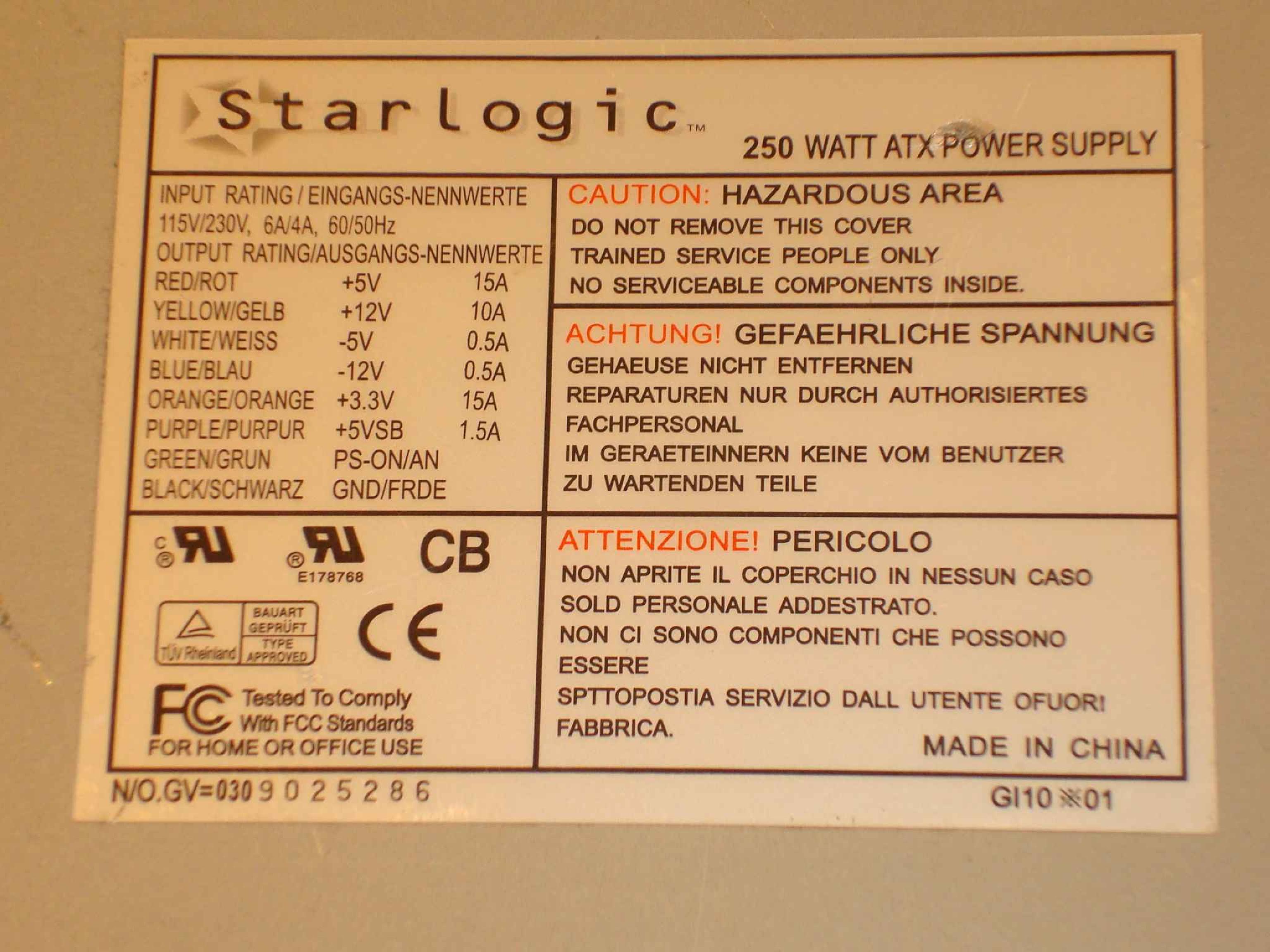 STARLOGIC 250W ATX 250W 20 PIN ATX POWER SUPPLY