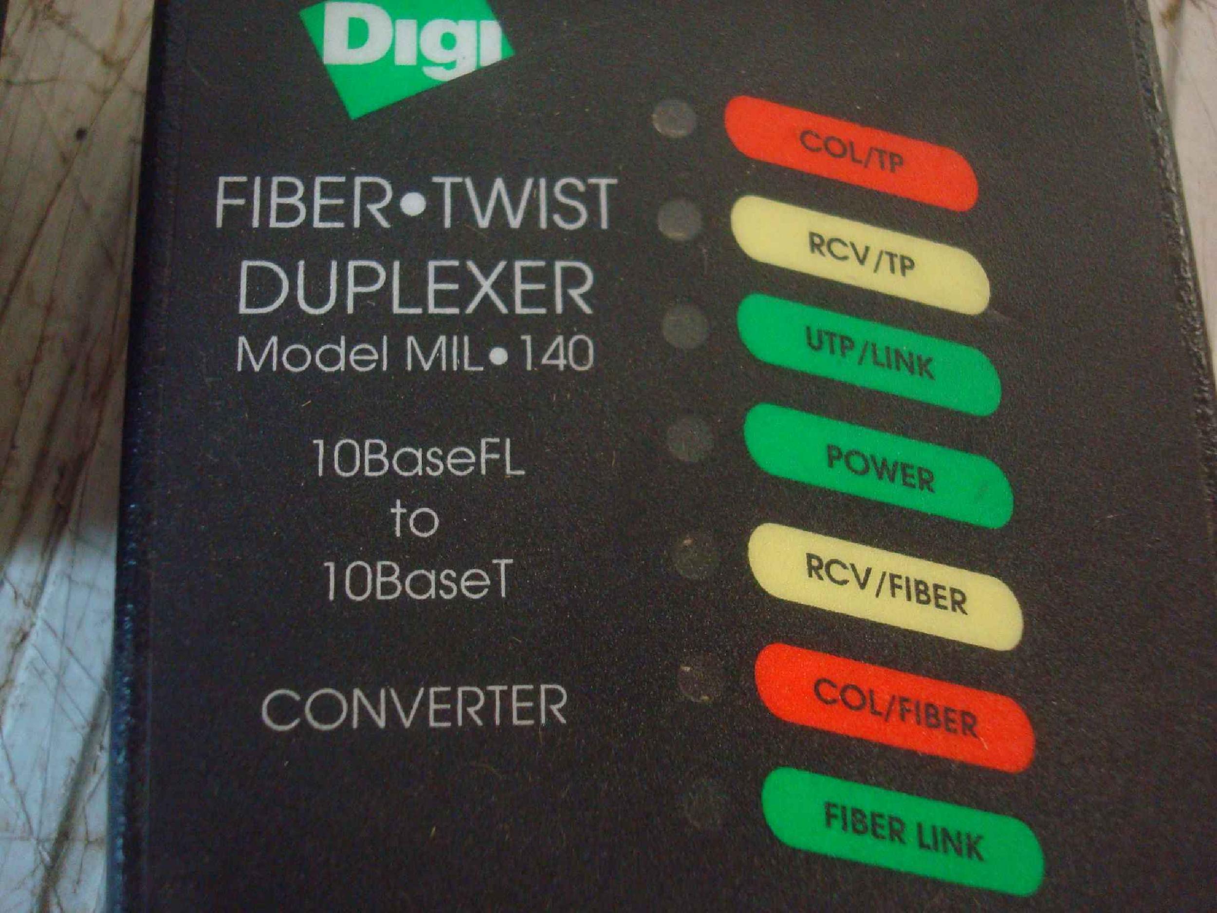 DIGI INTERNATIONAL MIL-140 10 BASE FL TO 10 BASE T FIBER TO ETHERNET CONVERTER 12VAC TRANSFORMER