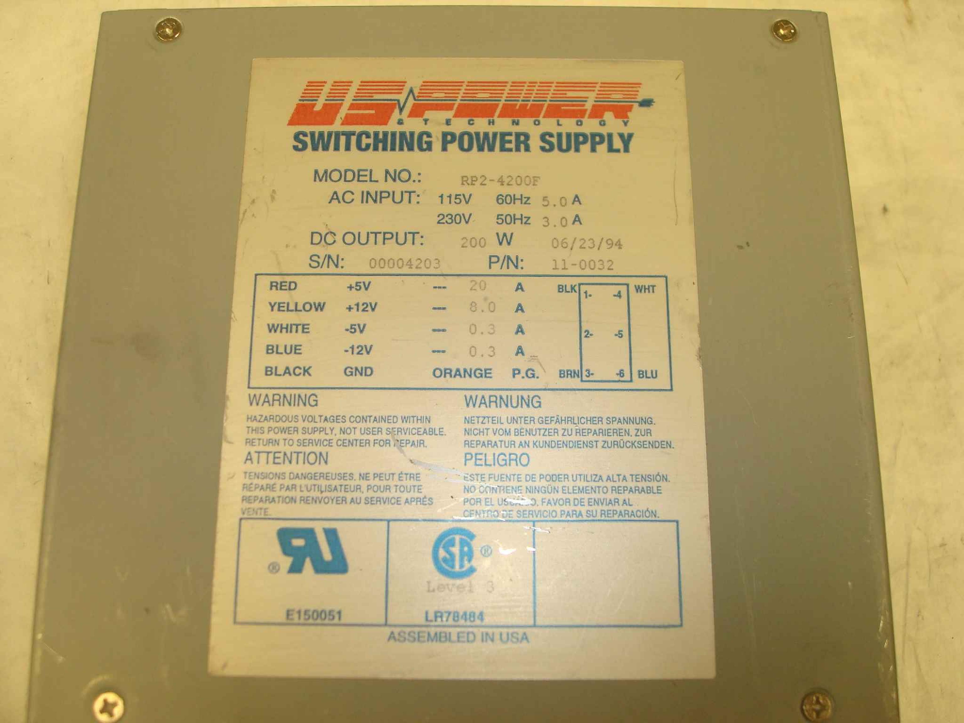 EMACS / ZIPPY / US POWER / CALIFORNIA PC PRODUCTS RP2-4200F 200 WATT AT POWER SUPPLY