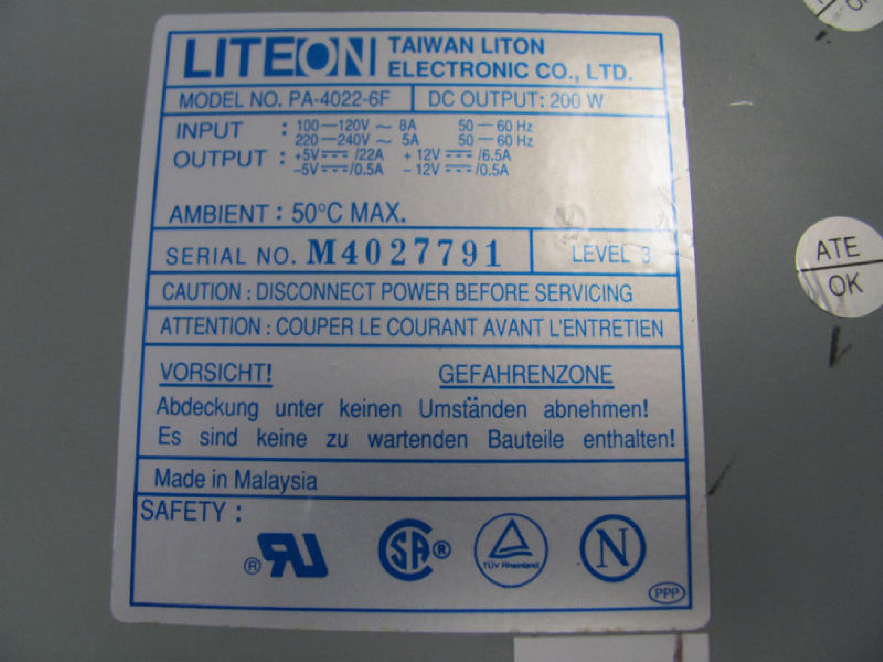 LITEON PA-4022-6F 200W AT POWER SUPPLY