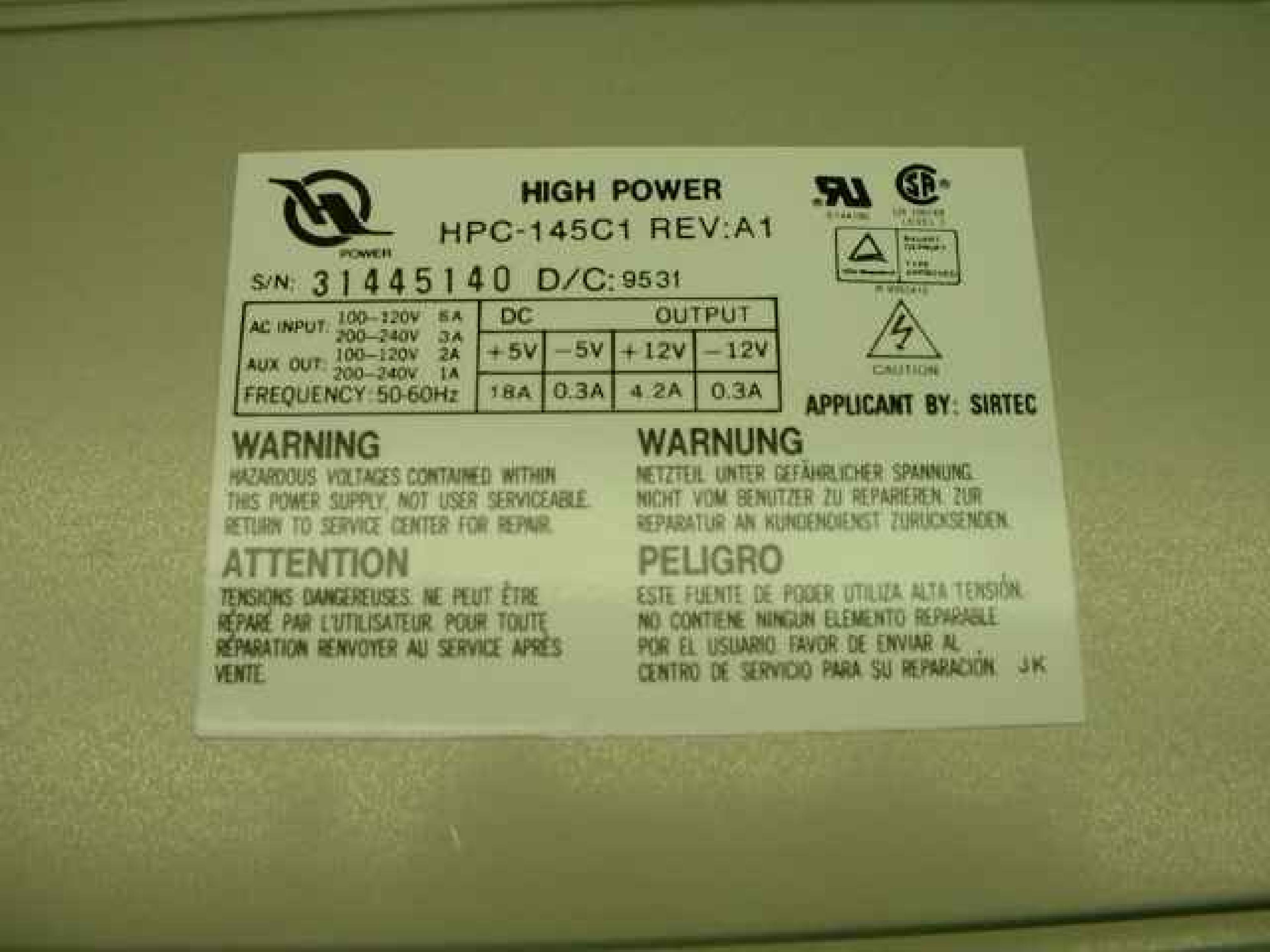 HIGH POWER HPC-145C1 145W AT POWER SUPPLY