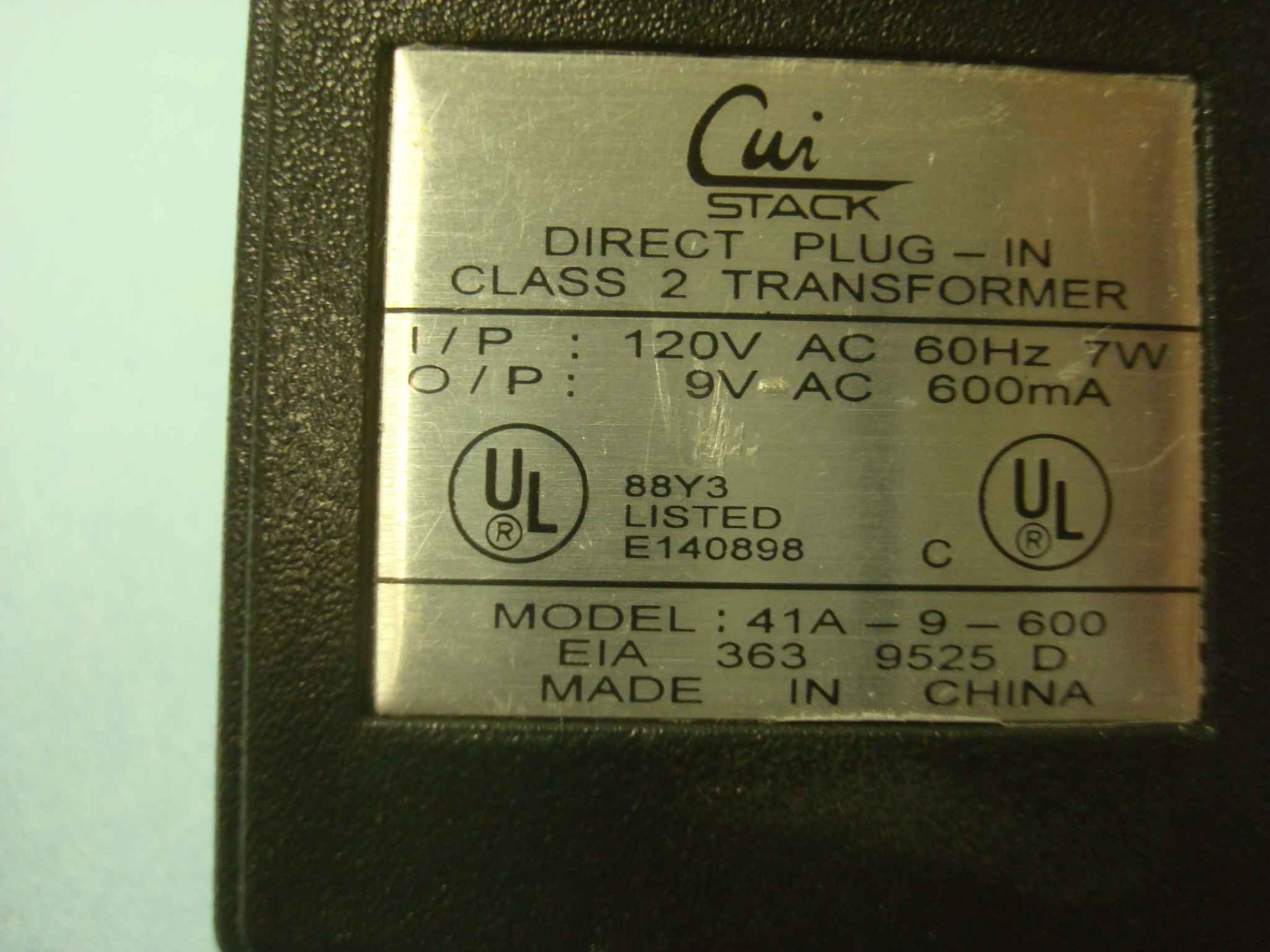 CUI STACK 41A-9-600 AC ADAPTER I/P 120VAC O/P9VAC 600MA CUT WIRES