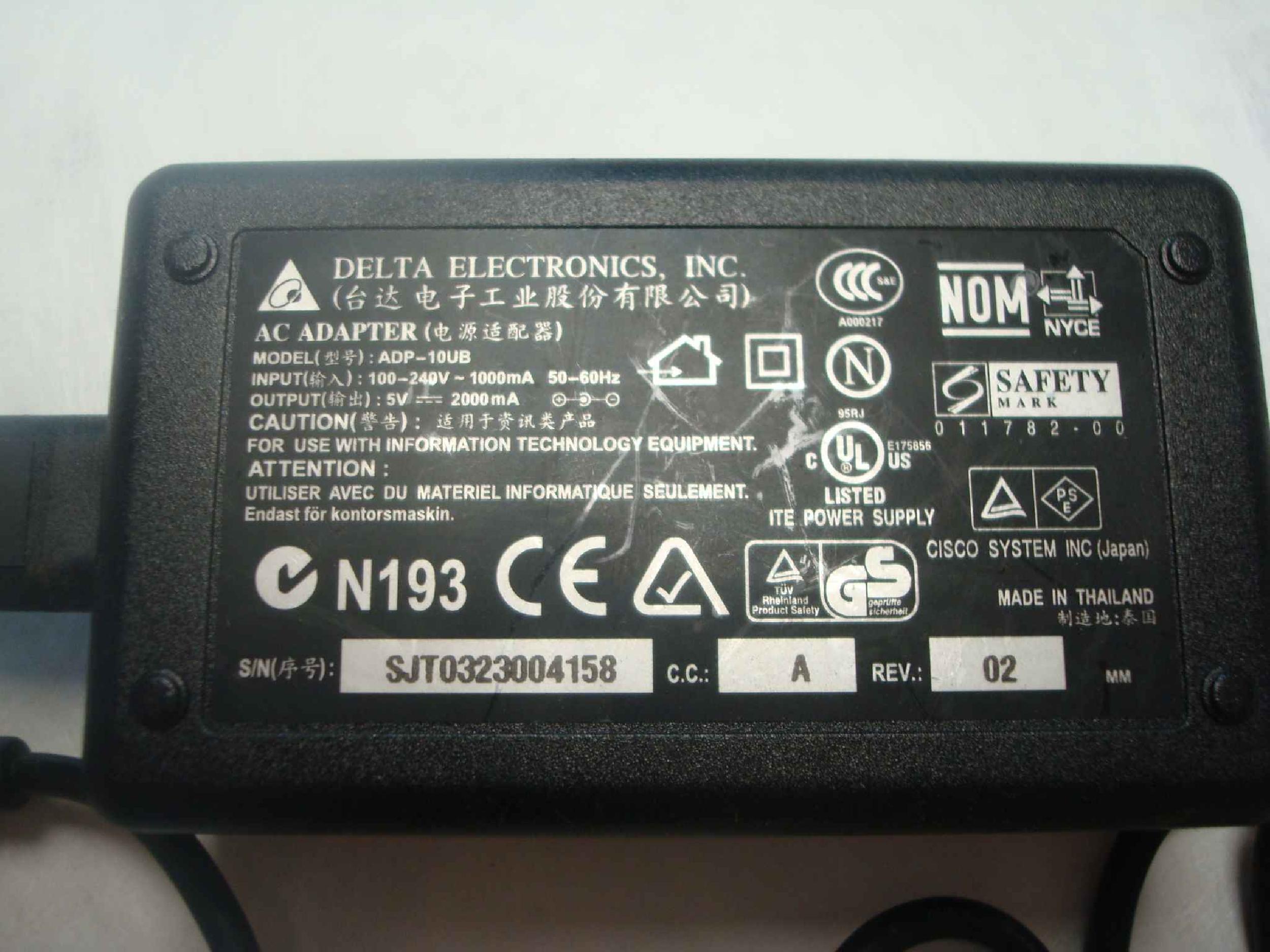 DELTA ELECTRONICS INC ADP-10UB CISCO DELTA ADP-10UB POWER ADAPTER INPUT - 100-240V OUTPUT - 5V
