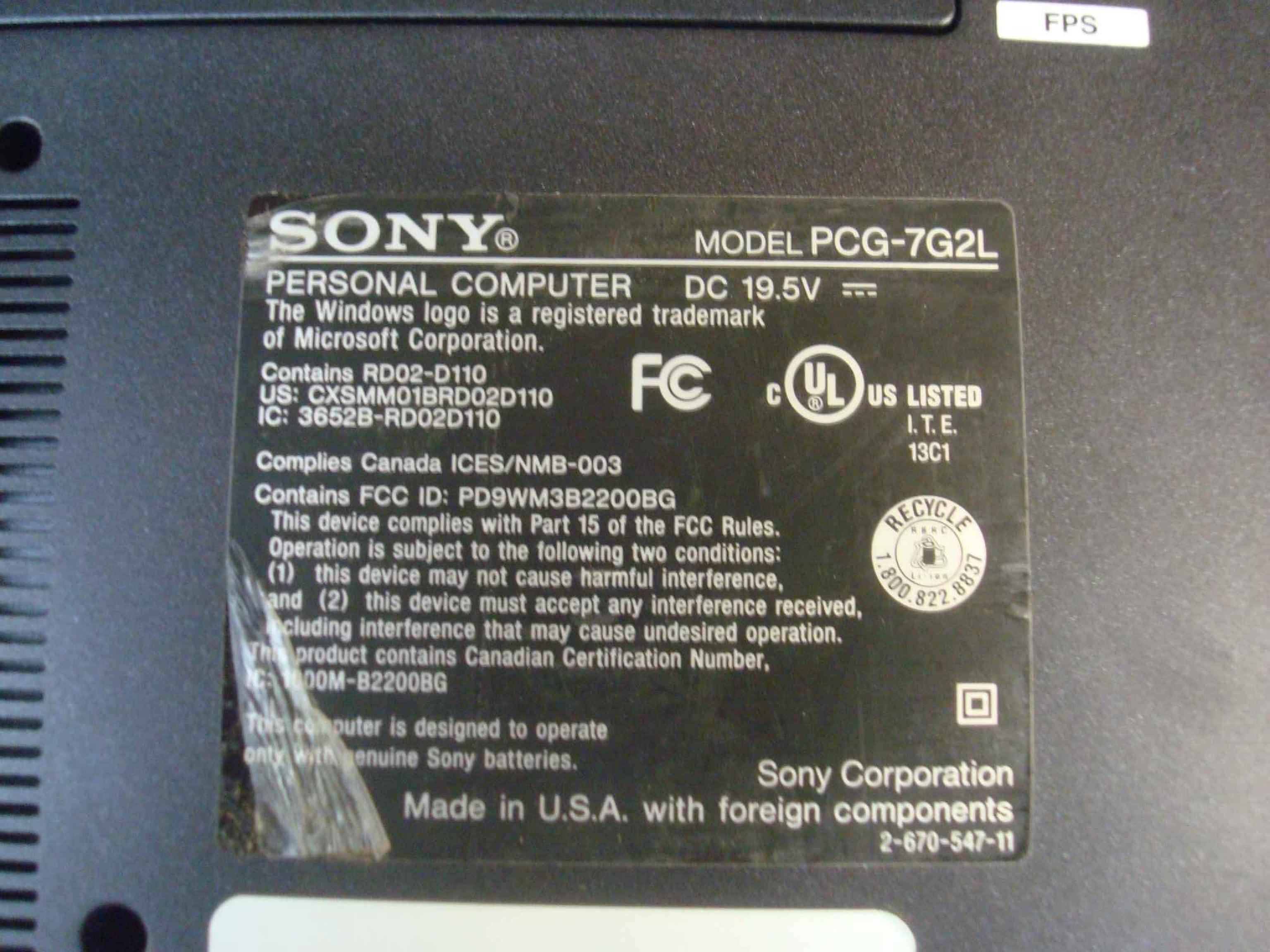 SONY PCG-7G2L NOTEBOOK LAPTOP COMPUTER 2GHZ PENTIUM 1GB RAM 40GM HARD DRIVE, DVD