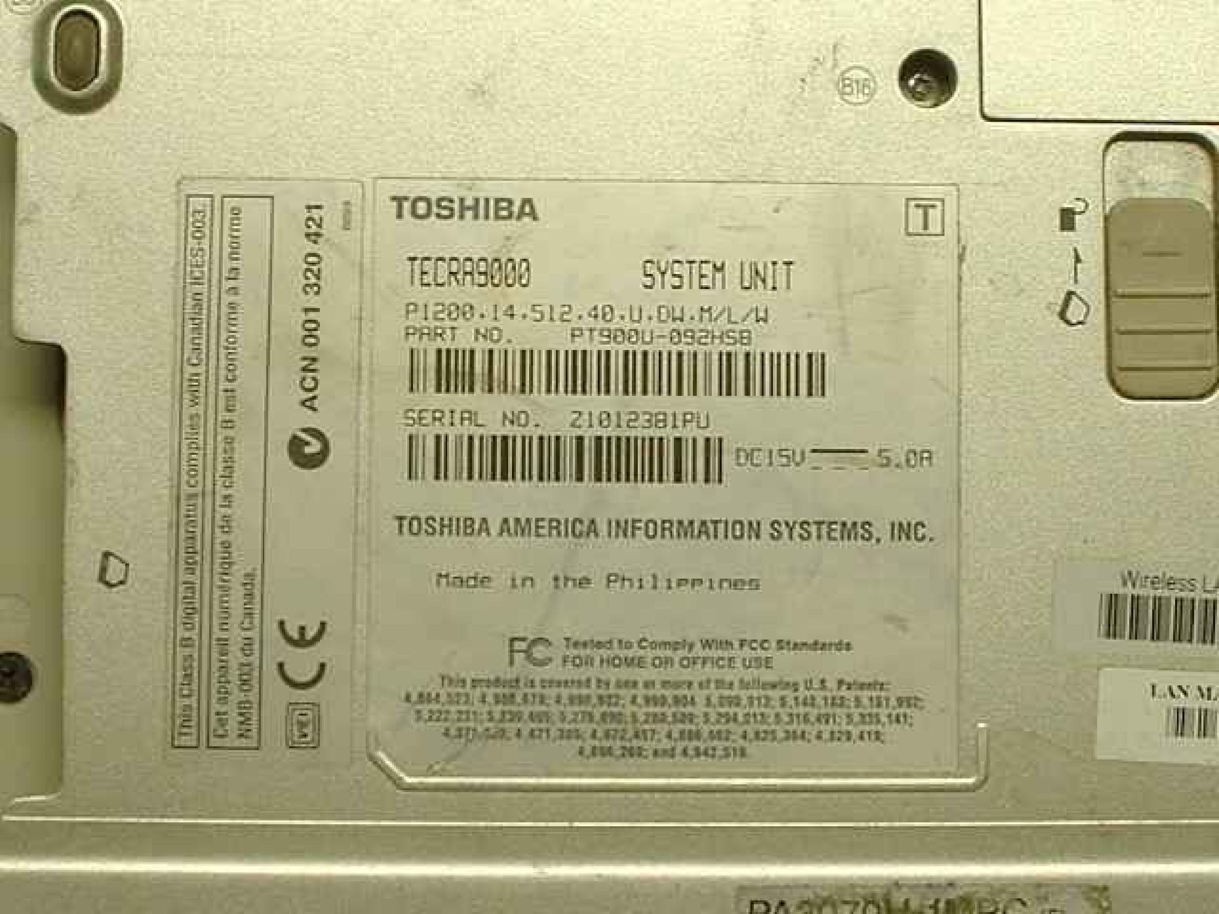 TOSHIBA P1200 FOR PARTS TECRA 9000 P1200,14,512,40,U,DW,M,M/L/W