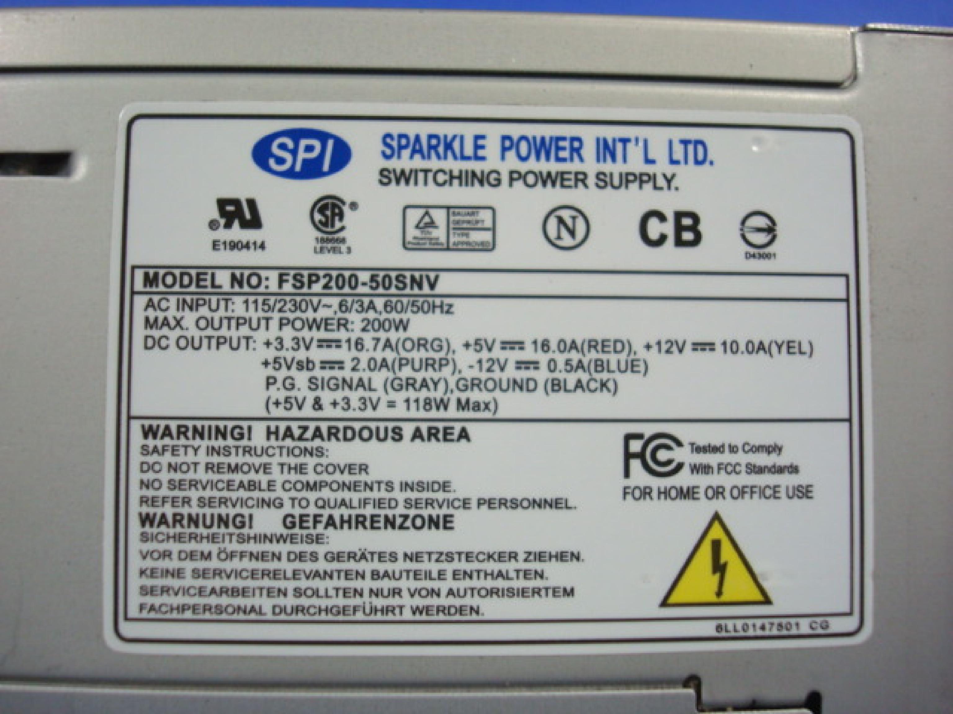 FSP GROUP / SPARKLE POWER INTL LTD / POWER MAN / YATE LOON / AOPEN / ACER 9PA2003401 DEFECTIVE 200W ATX POWER SUPPLY 125MM X 100MM X 64MM