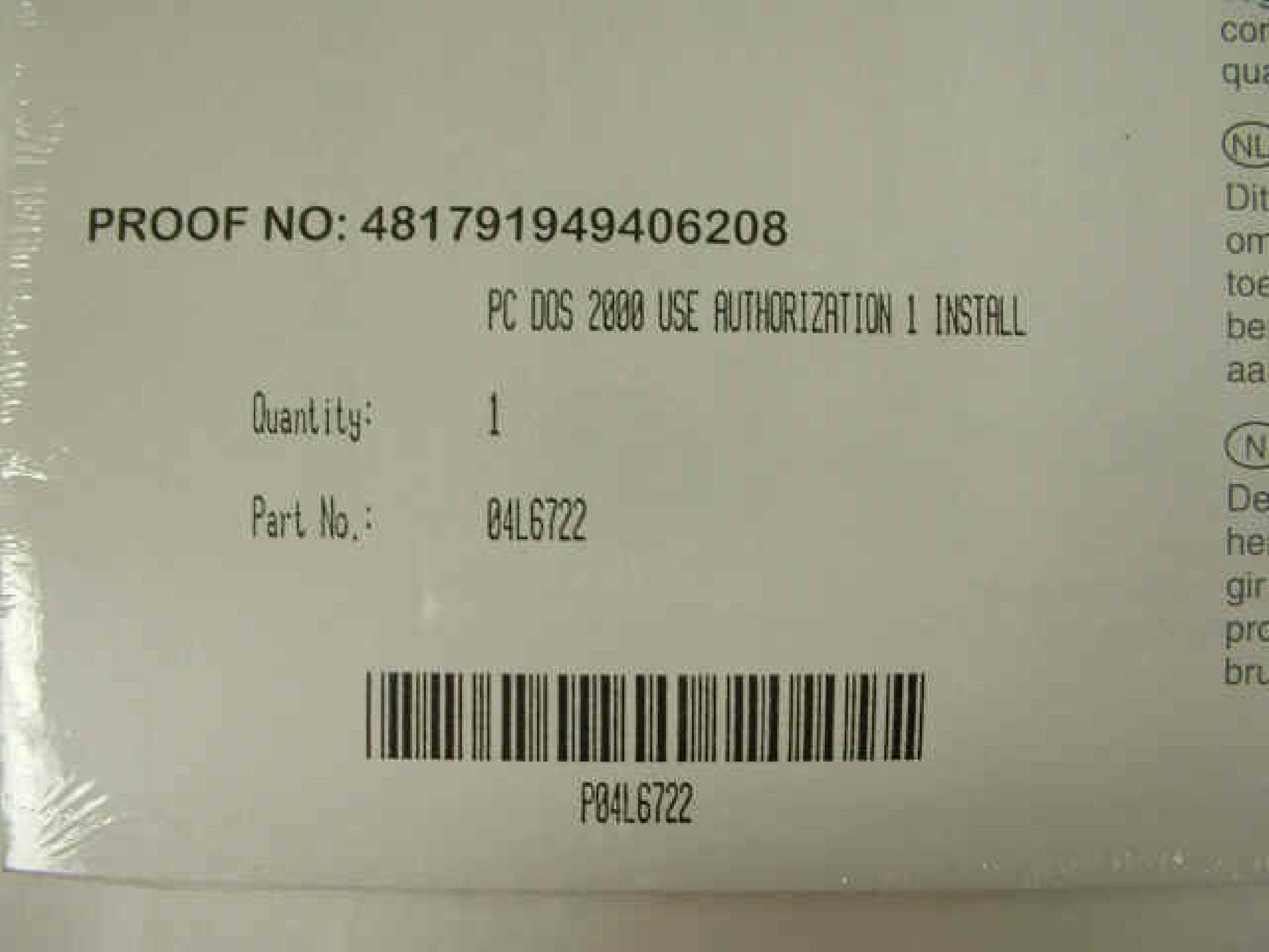 IBM 04L6722 PC DOS 2000 SINGLE LICENSE ENTITLEMENT PACK