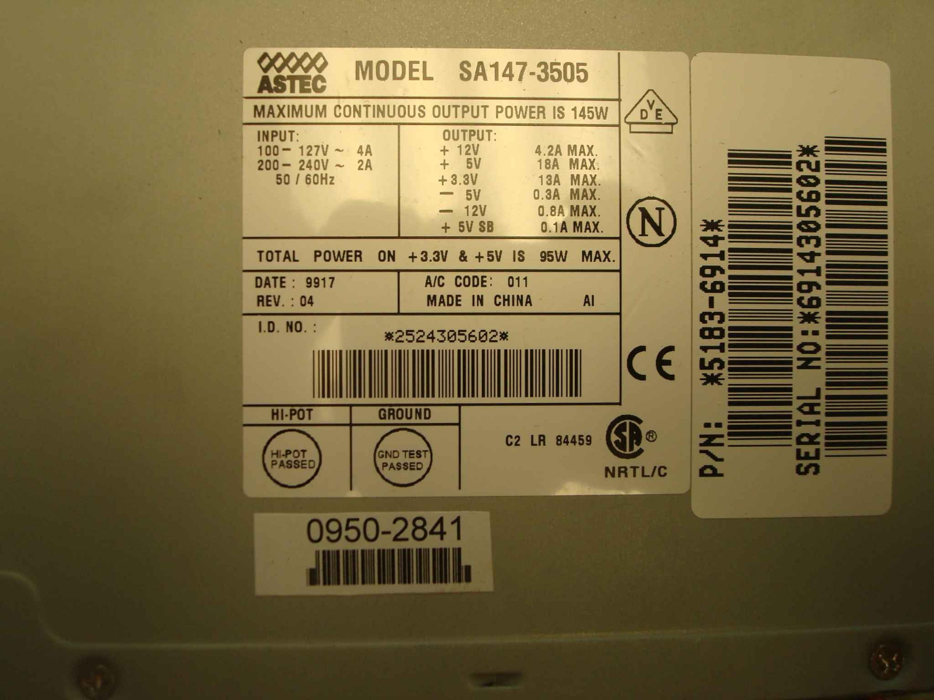 HEWLETT PACKARD / HP / YOKOGAWA 5183-6914 145W ATX POWER SUPPLY WITH P8 AND P9 CONNECTORS 145 WATT