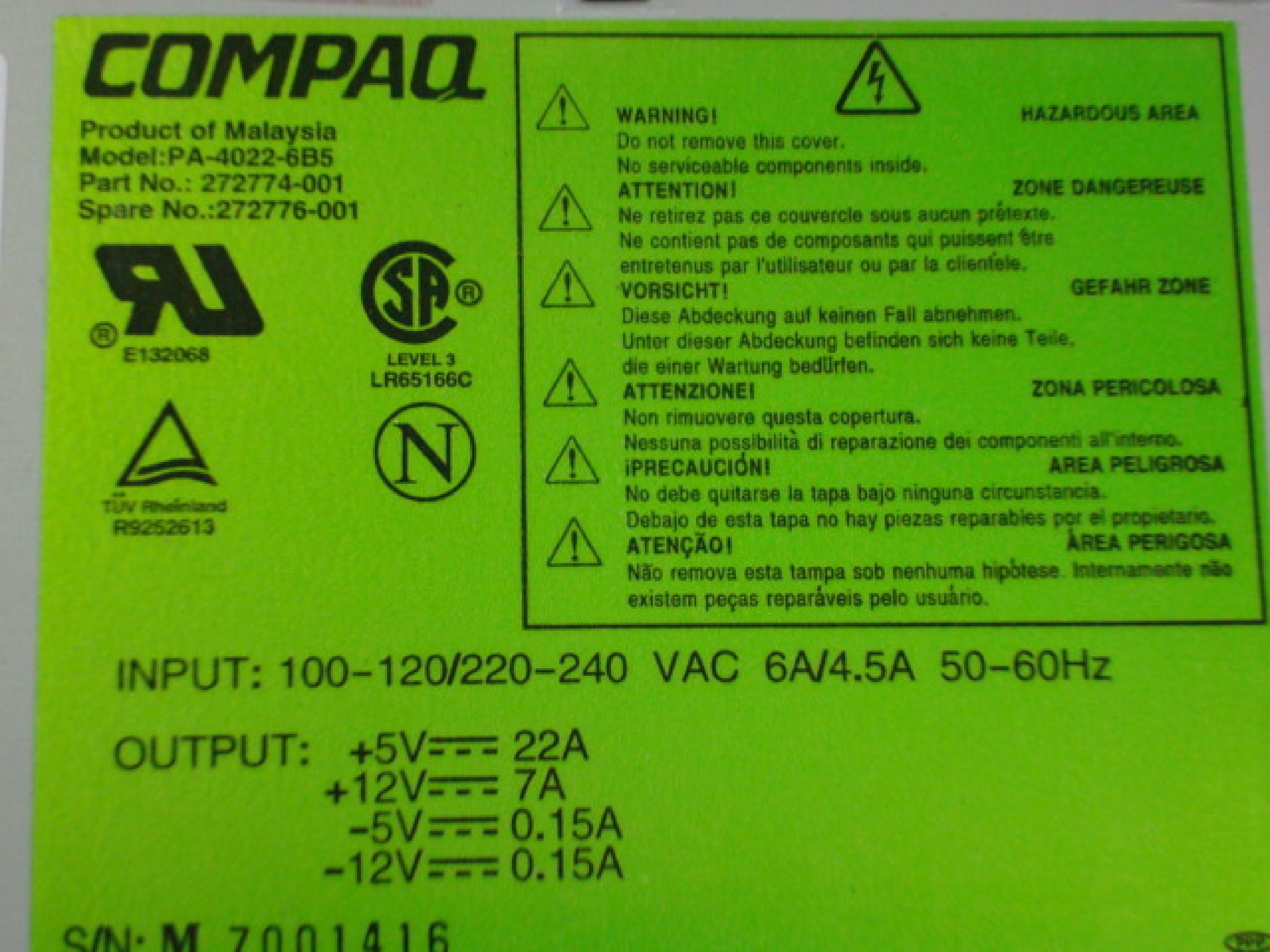 COMPAQ / HEWLETT PACKARD / HP 272774-001 POWER SUPPLY FACTORY BOXED