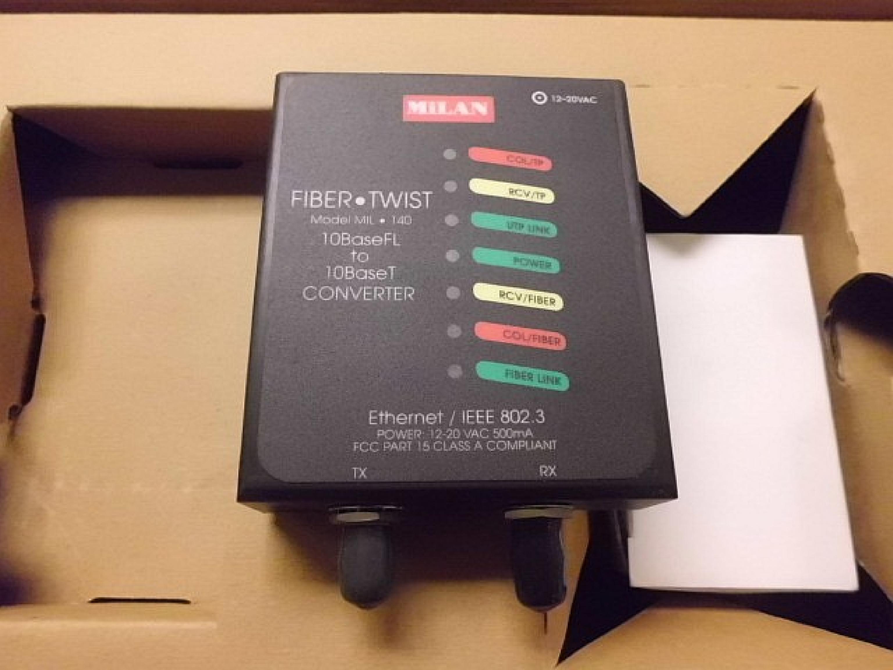 MILAN MIL-140T TRANSCEIVER FIBER TWIS MODEL MIL 140 10BASEFL TO 10BASET CONVERTER 12-20 VAC 500MA