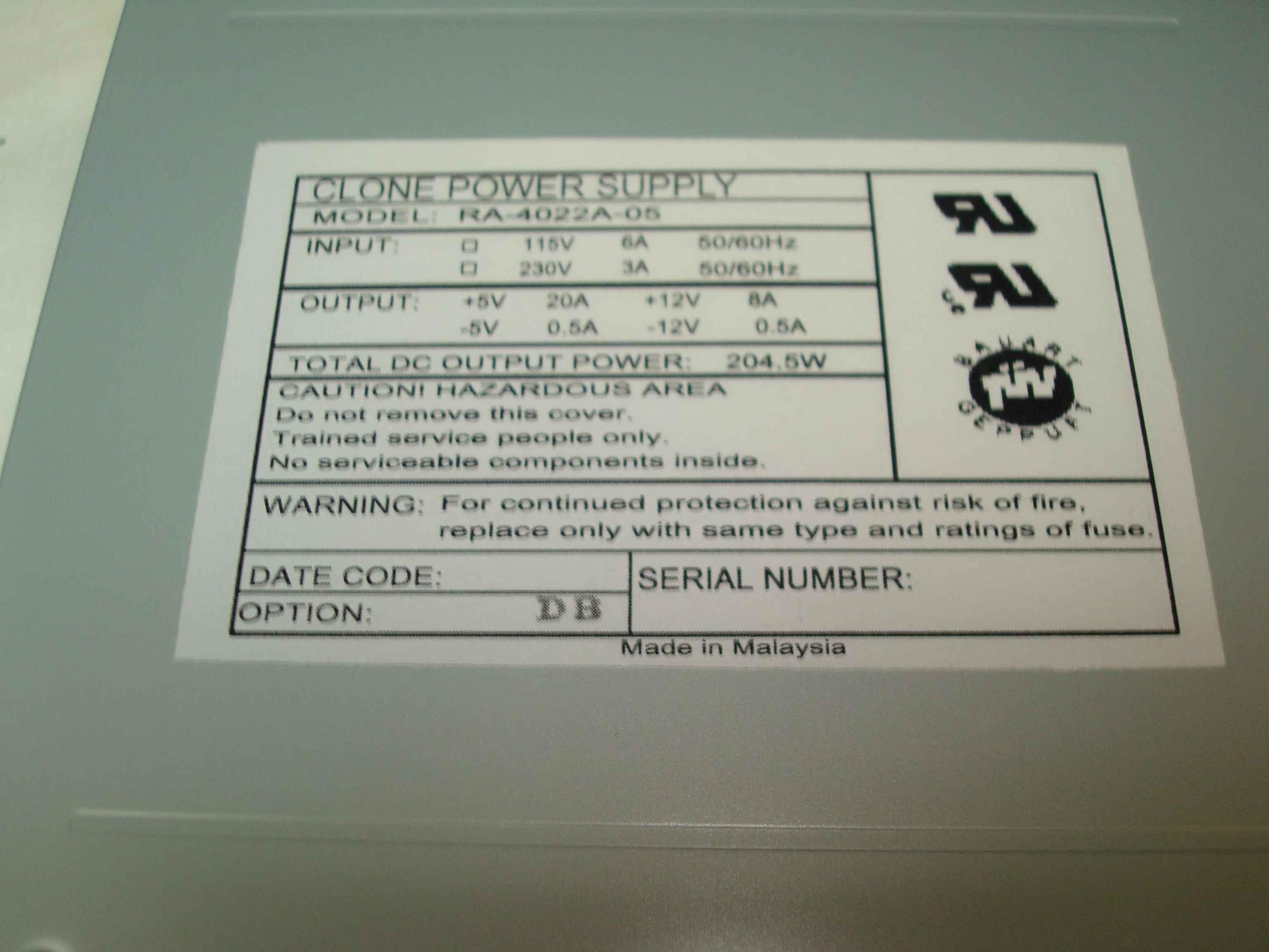 3Y POWER TECHNOLOGY INC RA-4022A-05 CLONE AT POWER SUPPLY