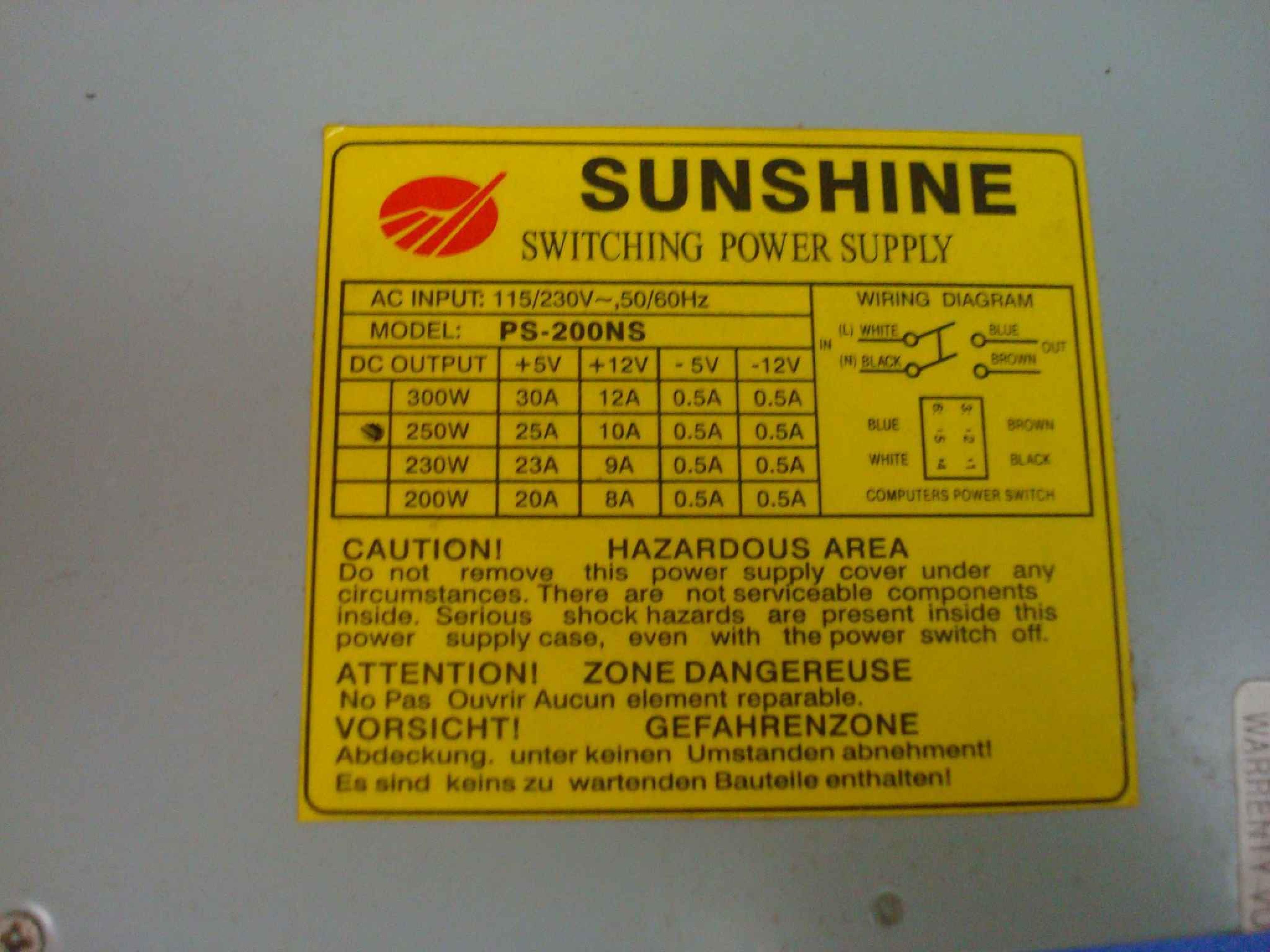 SUNSHINE PS-200NS CLONE CLONE AT STYLE POWER SUPPLY 250 WATT