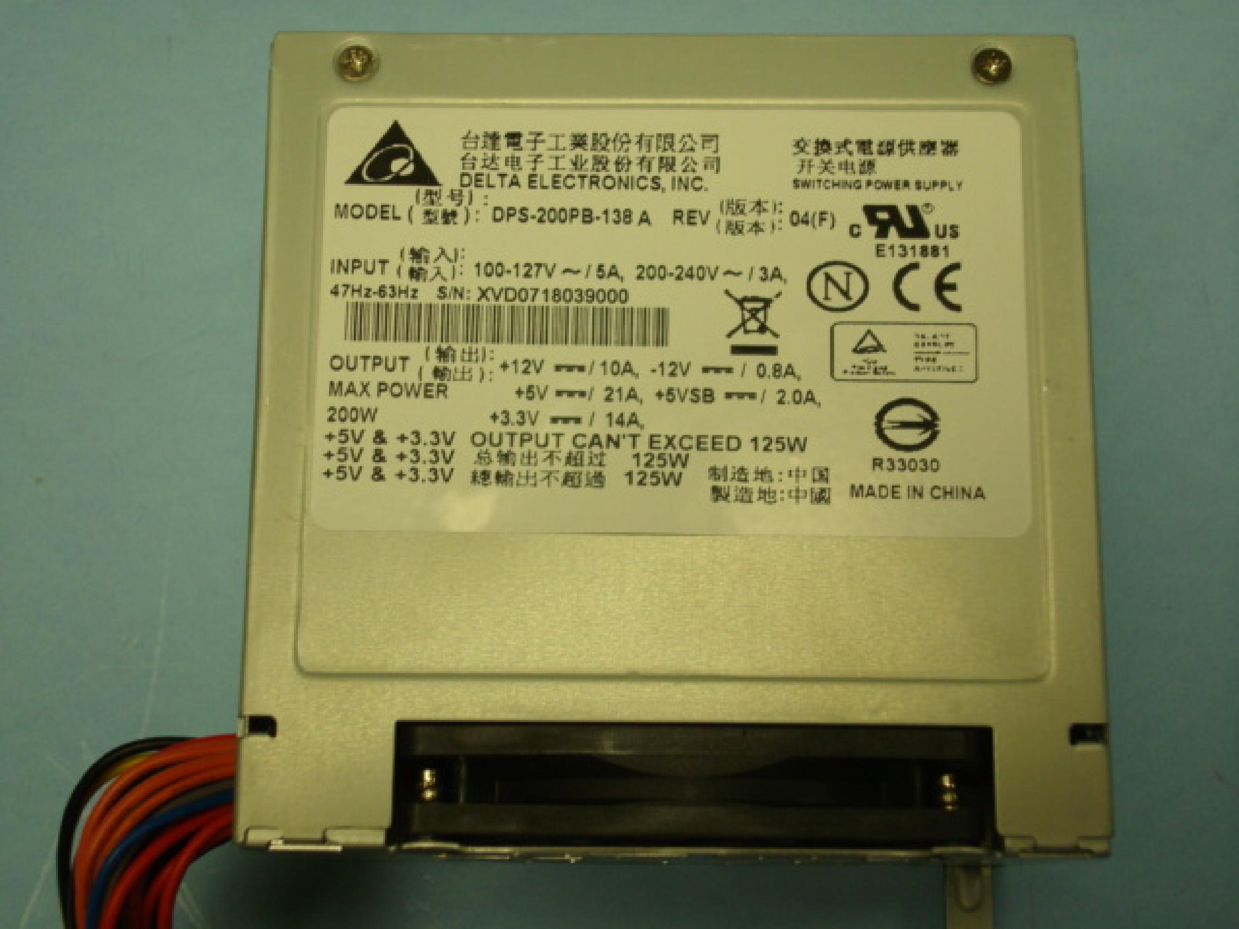 DELTA ELECTRONICS DPS-200PB-138A 200W ATX POWER SUPPLY, 6 INCH 20PIN ATX,11 INCH P4 CONNECTOR, 2 MOLEX, 1 FLOPPY CONNECTOR