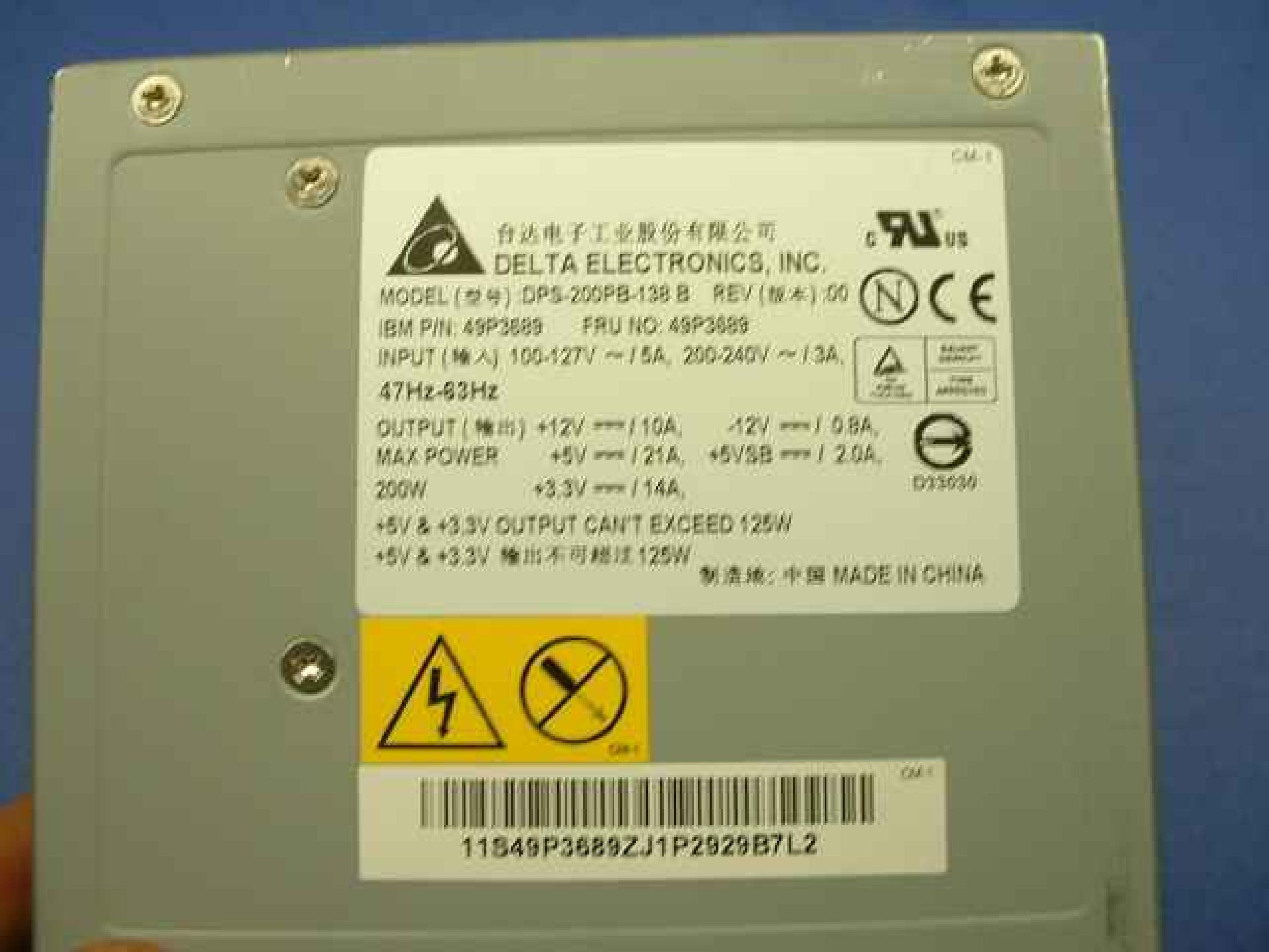 DELTA ELECTRONICS DPS-200PB-138 B 200W ATX POWER SUPPLY, 8 INCH 20PIN ATX,11 INCH P4 CONNECTOR, 2 MOLEX, 1 FLOPPY CONNECTOR