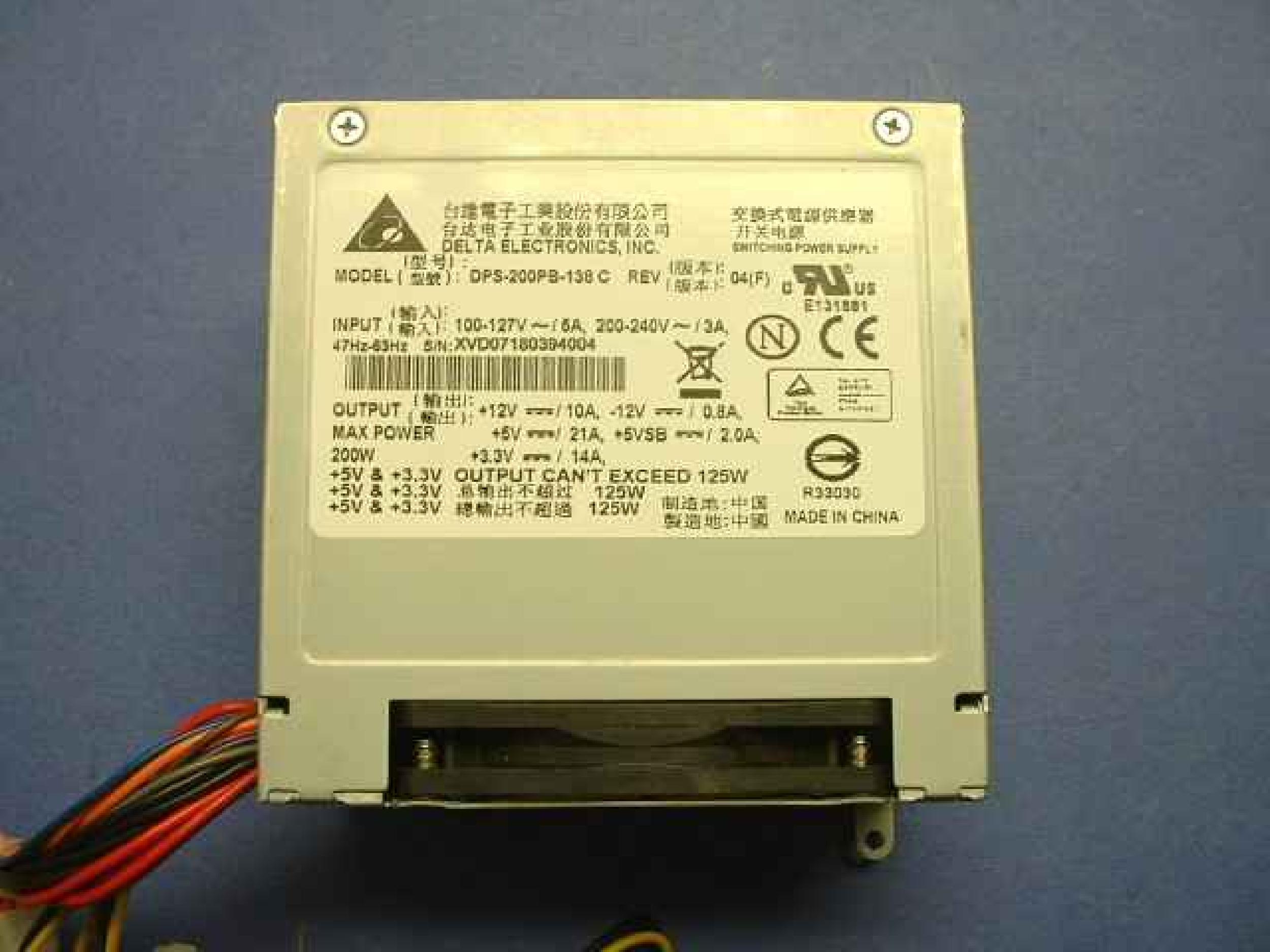 DELTA ELECTRONICS DPS-200PB-138 C 200W ATX POWER SUPPLY, 4 INCH 20PIN ATX, 20 INCH P4 CONNECTOR, 2 MOLEX